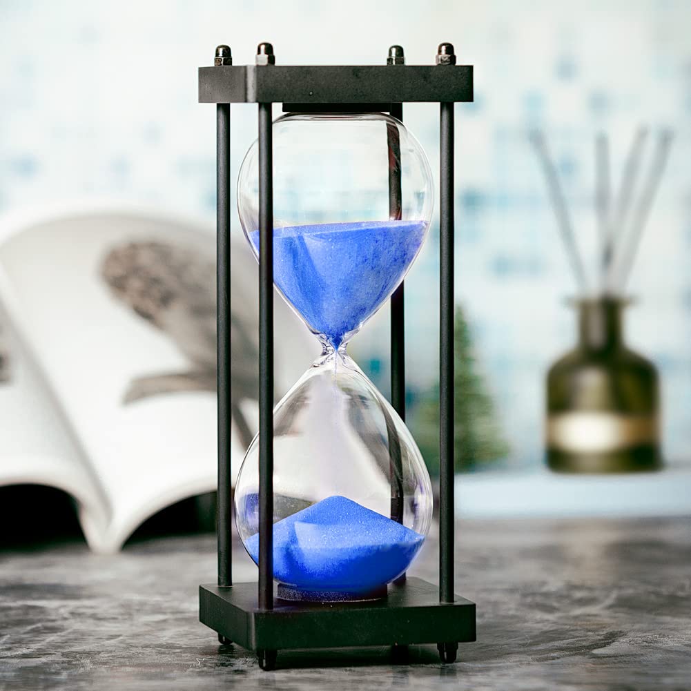 60 Minute Hourglass Timer - Black Wooden Frame Decorative Sand Clock with Blue Sand (Large Size) for Home Office Decor, Meditation, Yoga & Kitchen Timer