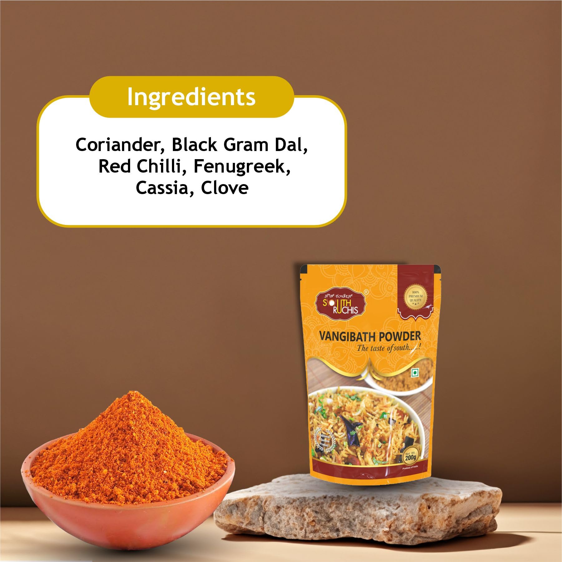 Premium SOUTH RUCHIS Vangibath Powder 200gm | Authentic Vangibath Masala Spice Mix for Indian Cooking | Perfect for Rice Dishes, Curry & Traditional South Indian Meals | Vegan & Gluten-Free