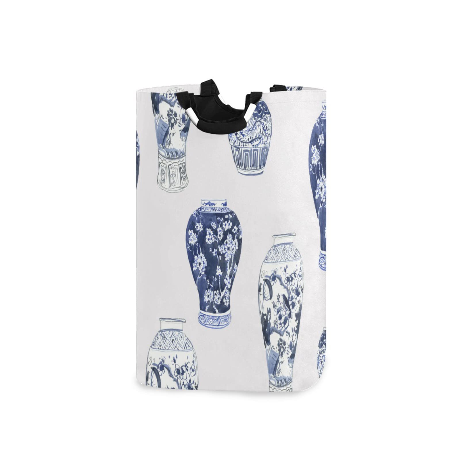 Blue and White Porcelain Floral Laundry Basket with Thick Handles - Large Collapsible Storage Hamper for Bathroom, Dorm, Toys & Clothes Organization - Perfect for Home, Laundry Room, and Bedroom Storage