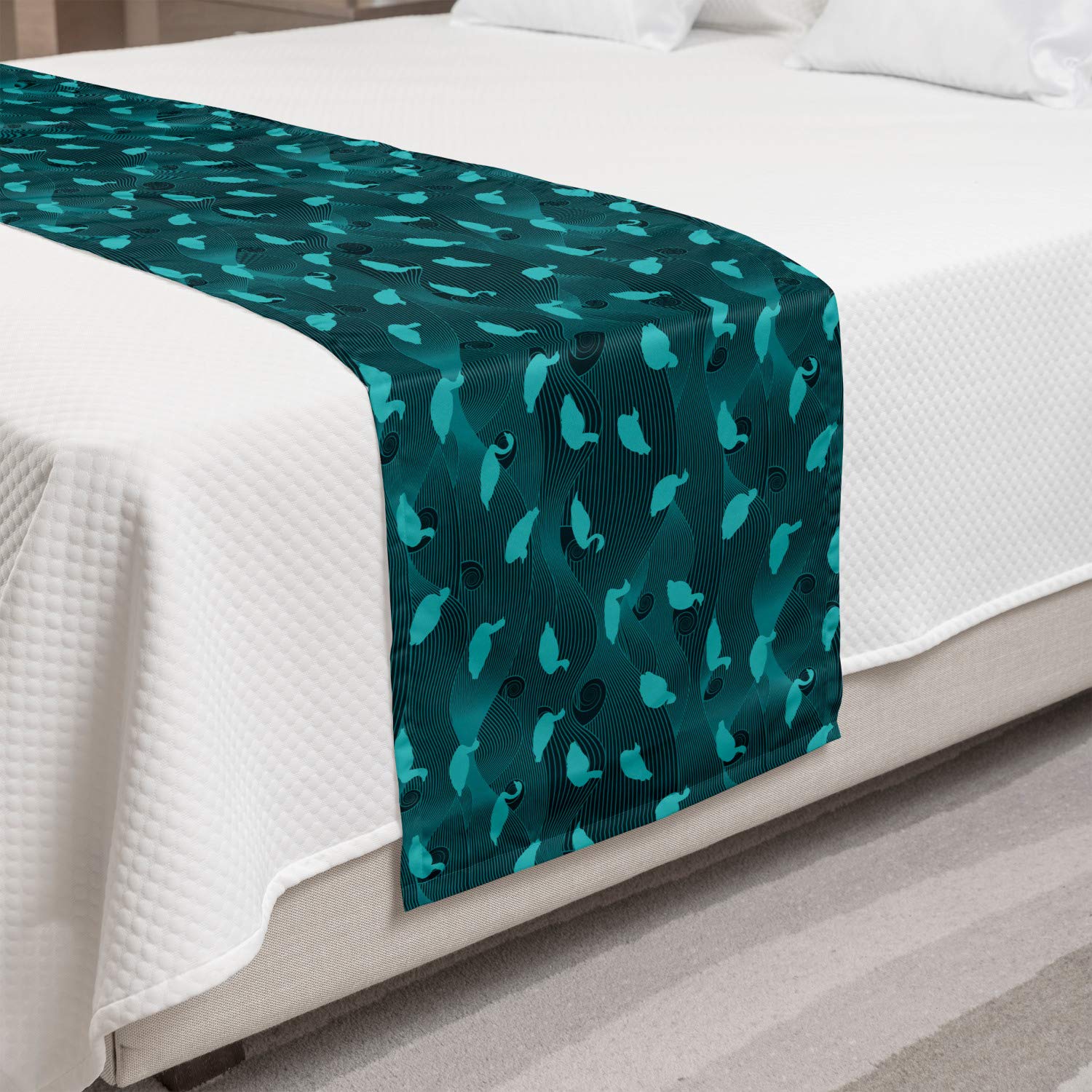 Ambesonne Turquoise Blue Bed Runner with Waterfowl Bird Silhouettes - Abstract Swirling Wave Design Decorative Bedding Scarf for Hotels, Homes & Guest Rooms - Perfect for Coastal, Bohemian or Nature-Themed Bedroom Decor