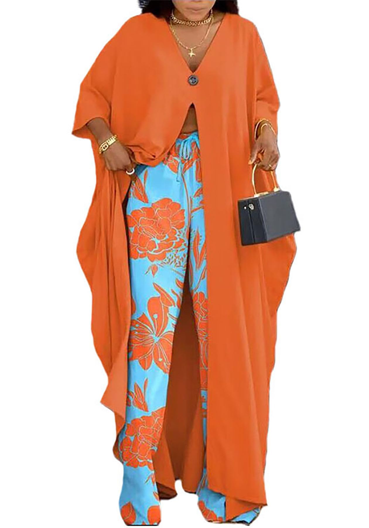 2 Piece Sets for Women - African Print Button V Neck Long Split Caftan Top with Wide Leg Pants - Plus Size Outfit for Beach Vacation, Summer Party & Casual Wear