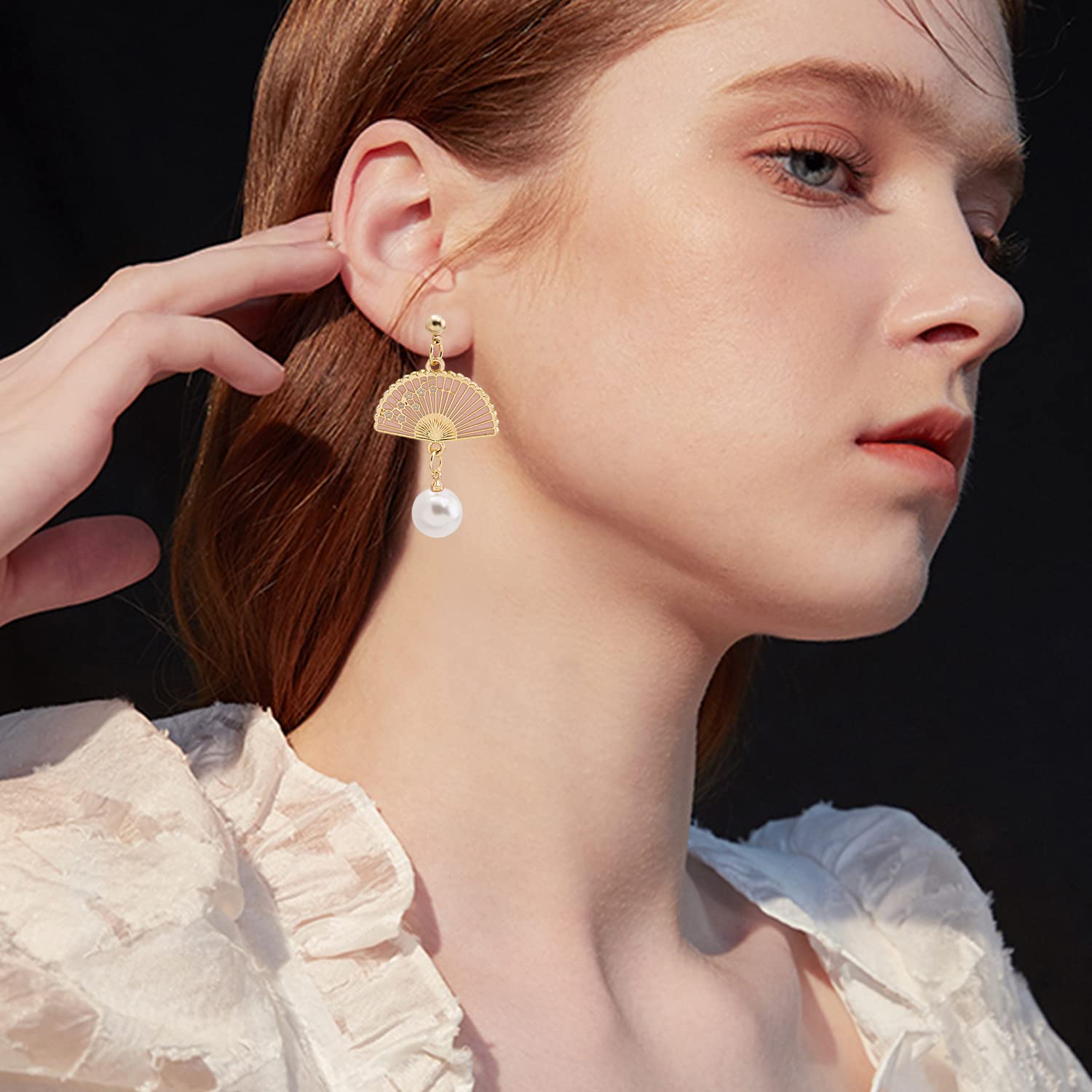 YUNXI Pearl Fan Drop Earrings - Small Dangle Studs, Cute Retro Ethnic Style for Women | Perfect for Parties, Weddings & Everyday Wear