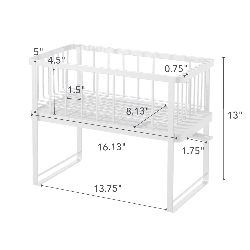 Yamazaki Home Two-Tier Adjustable Dish Drying Rack - Compact Steel Kitchen Organizer with Hooks & Utensil Holder - Water Resistant, No Assembly Required - Perfect for Small Spaces, Countertop Organization & Dish Drainage - White