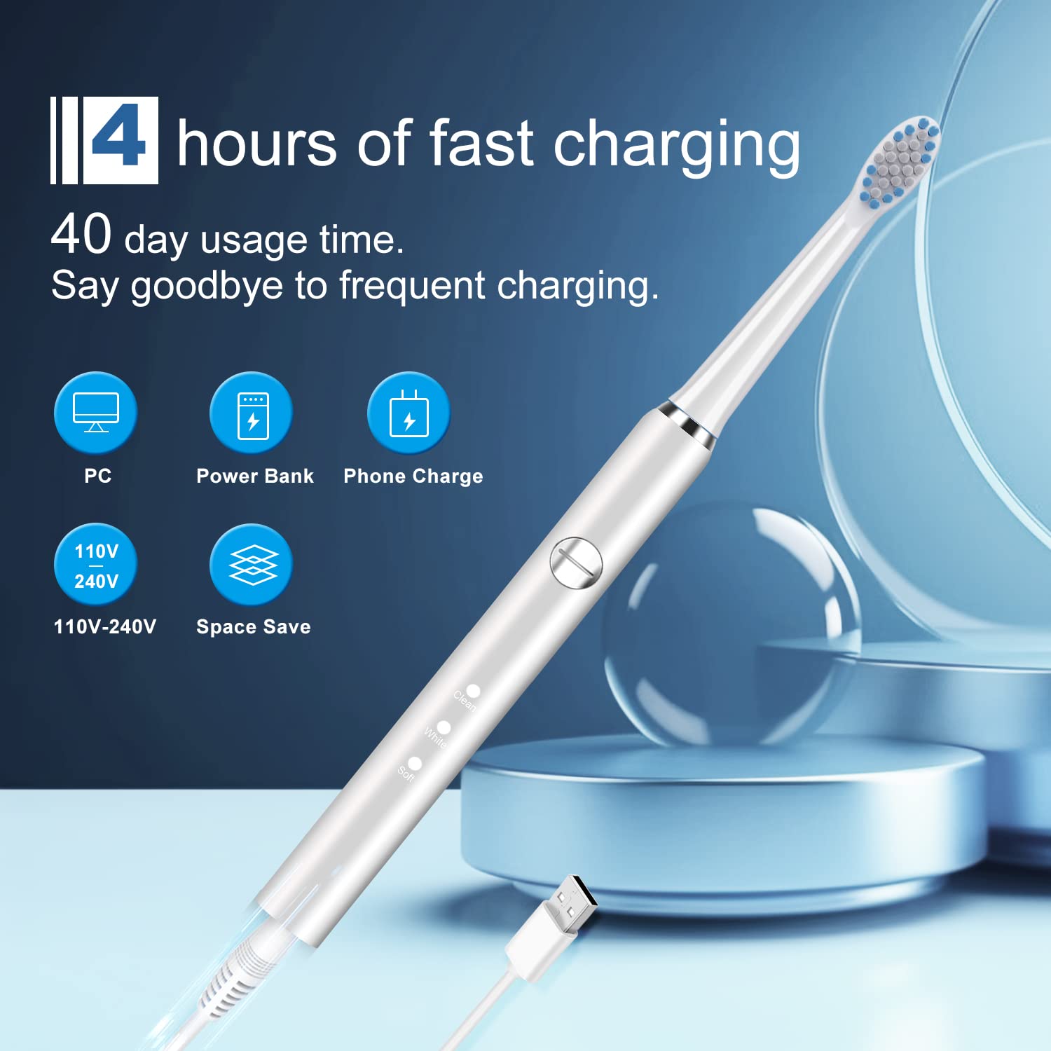 Electric Toothbrush for Adults & Kids - Sonic Rechargeable Toothbrush with 8 Brush Heads & Travel Case - Portable Oral Care for Home & Travel (White) - Perfect for Family Use, Daily Cleaning & On-the-Go Dental Hygiene