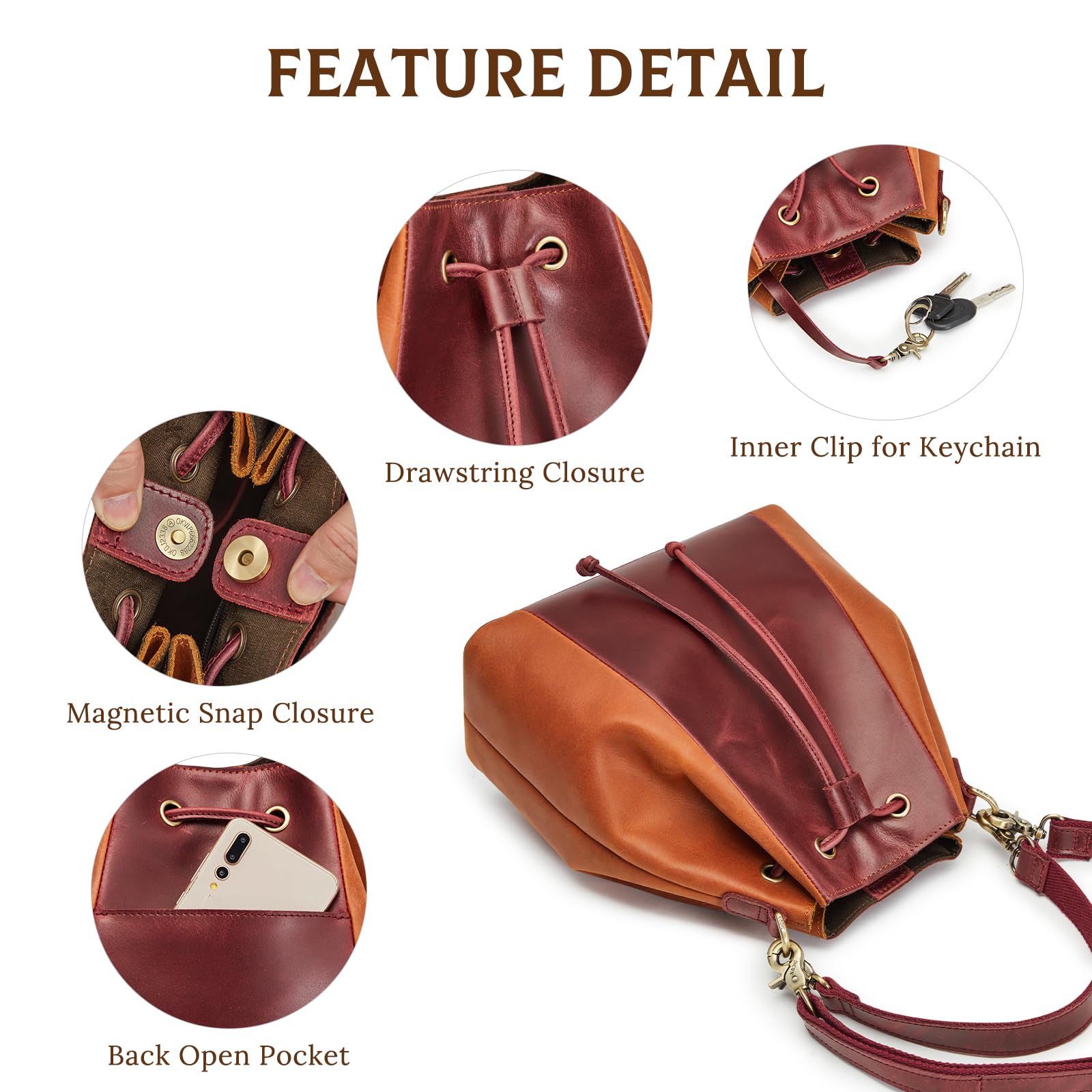 Genuine Leather Bucket Bag for Women - Drawstring Crossbody Purse with Adjustable Shoulder Strap & Top Handle | Perfect for Work, Travel & Everyday Use