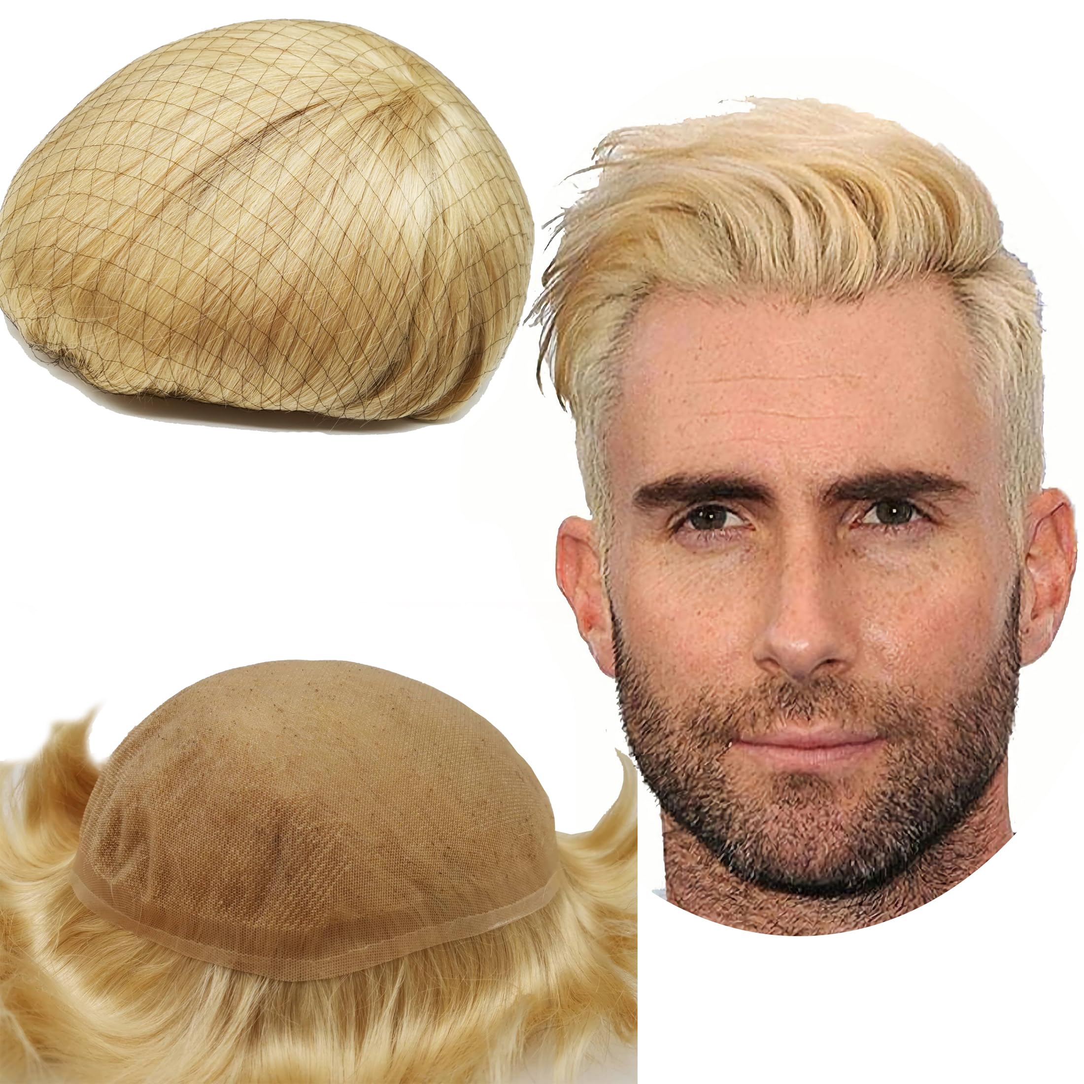 Men's Toupee Real Human Hair Replacement System - Customizable 8x10 French Lace Hairpiece - Natural Looking #613 Blonde Hair Prosthesis for Thinning Hair & Baldness - Perfect for Daily Wear, Special Occasions & Confidence Boost
