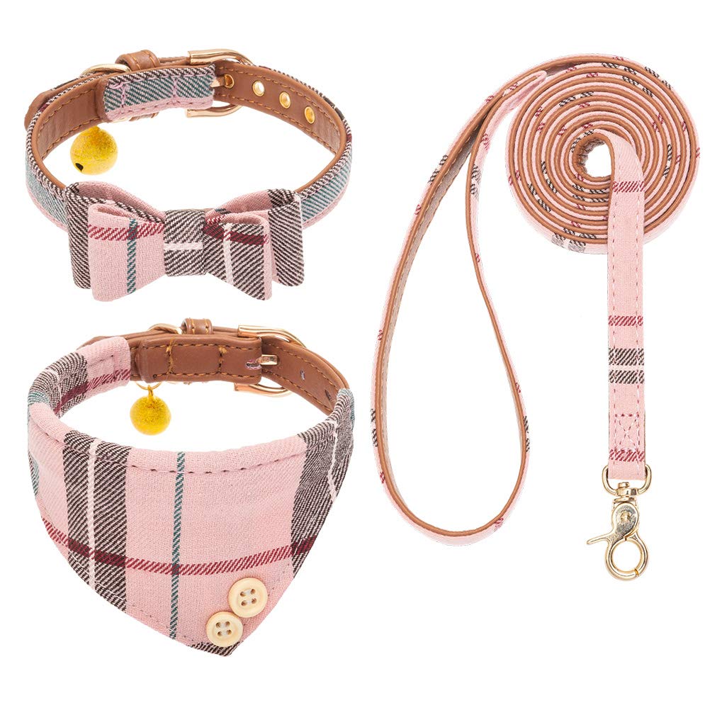 EXPAWLORER Adjustable Dog Collar and Leash Set with Plaid Bow Tie & Bandana - Tangle-Free Pet Accessories for Small, Medium, Large Dogs & Cats - Perfect for Holidays, Walks, Grooming & Photo Shoots