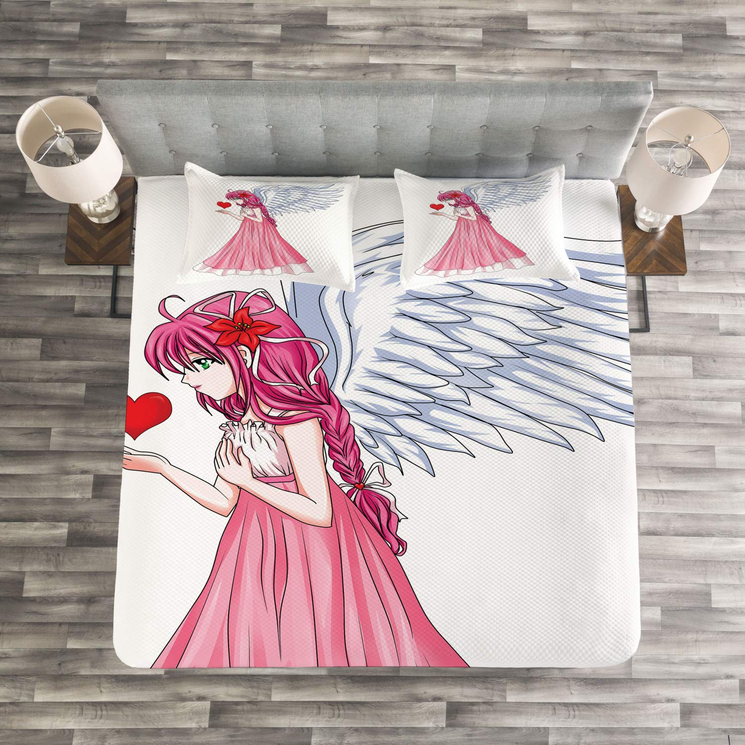 Ambesonne Anime Bedding Set - Pink Dress Character Holding Heart, Romantic Valentine's Day 3-Piece Comforter Cover with 2 Pillow Shams, King Size White Pink Red - Perfect for Anime Lovers' Bedroom Decor & Valentine's Gift