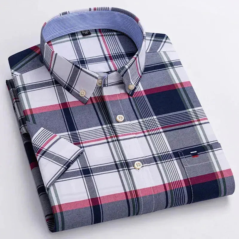 Men's Short Sleeve Plaid Cotton Shirt - Casual Button Down Shirt for Men - Comfortable Breathable Summer Shirt - Perfect for Outdoor Activities, Travel and Daily Wear