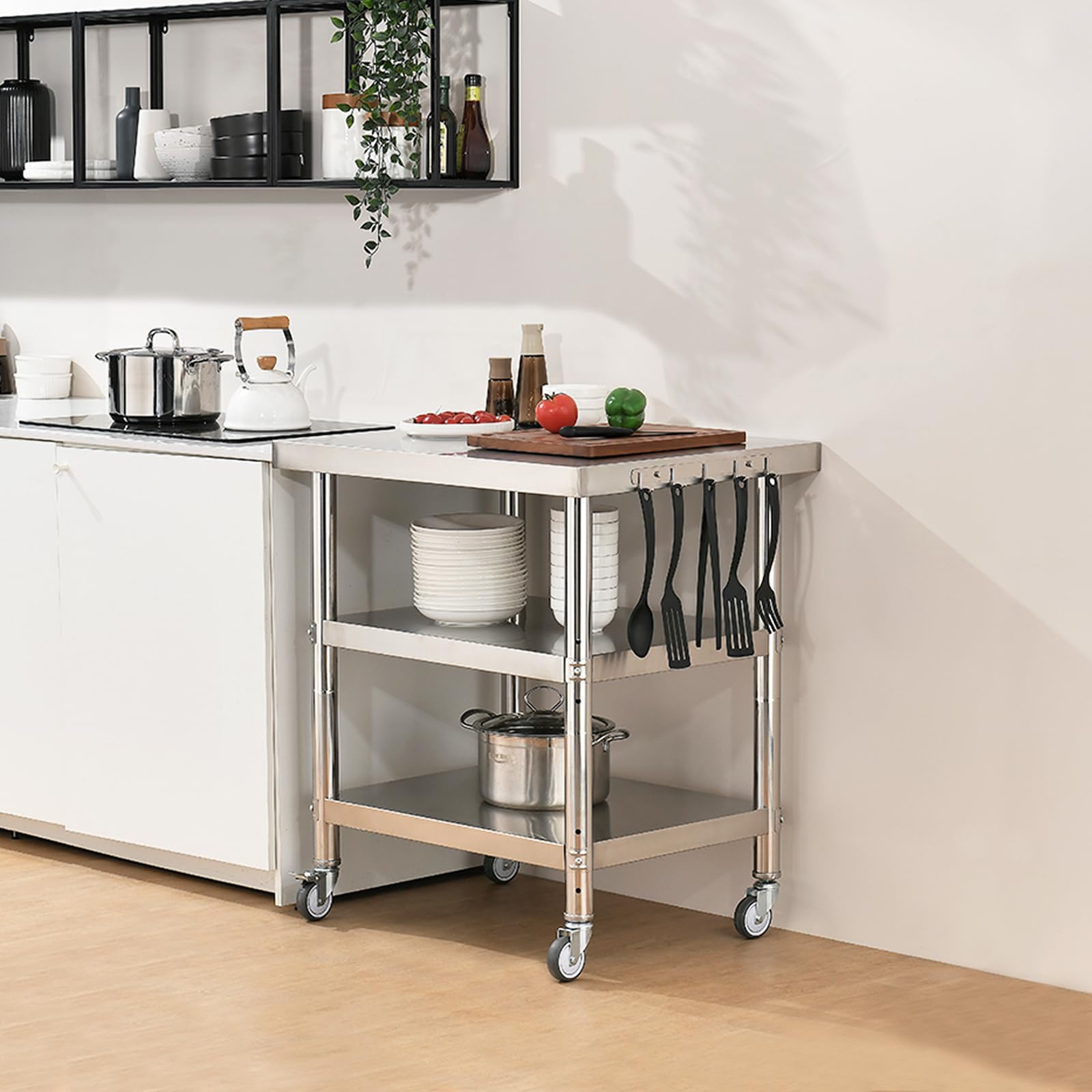 30x24 Inch 3-Stage Adjustable Stainless Steel Work Table with Wheels - Silver Commercial-Grade Kitchen Prep Table for Restaurants, Food Trucks & Home Use