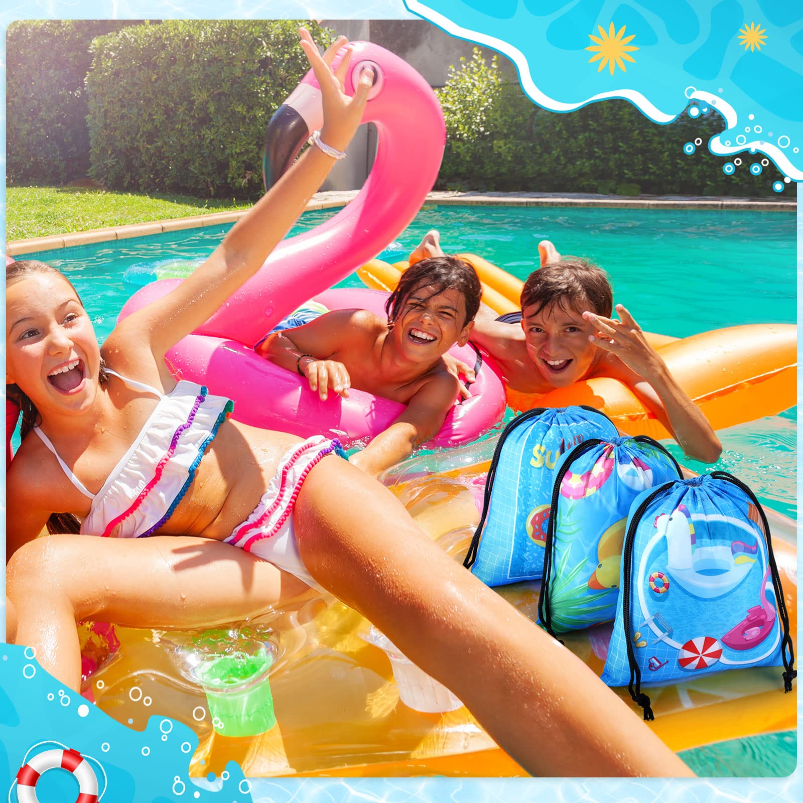 12 Pack Drawstring Beach Bags - Tropical Shark Theme Party Favors, Pool Party Supplies for Summer, Kids Goodie Bags - Perfect for Beach Outings, Poolside Gatherings & Summer Celebrations
