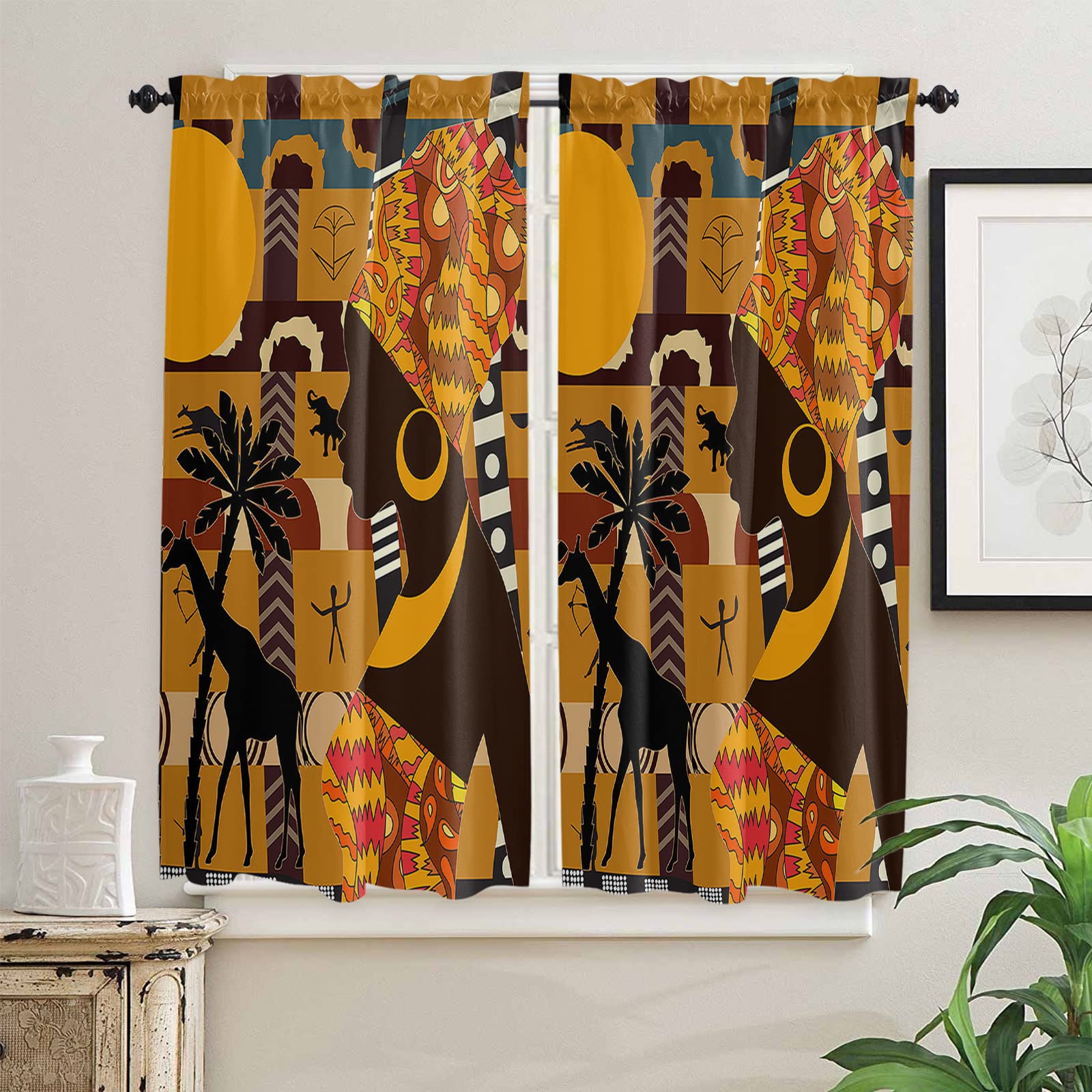 African Black Women Elephant Giraffe Print Tier Curtains - 42x63 Inch Rod Pocket Kitchen & Bathroom Drapes, 2 Panels for Living Room & Small Windows - Privacy Half Window Treatments for Cafe, Bedroom & Home Decor