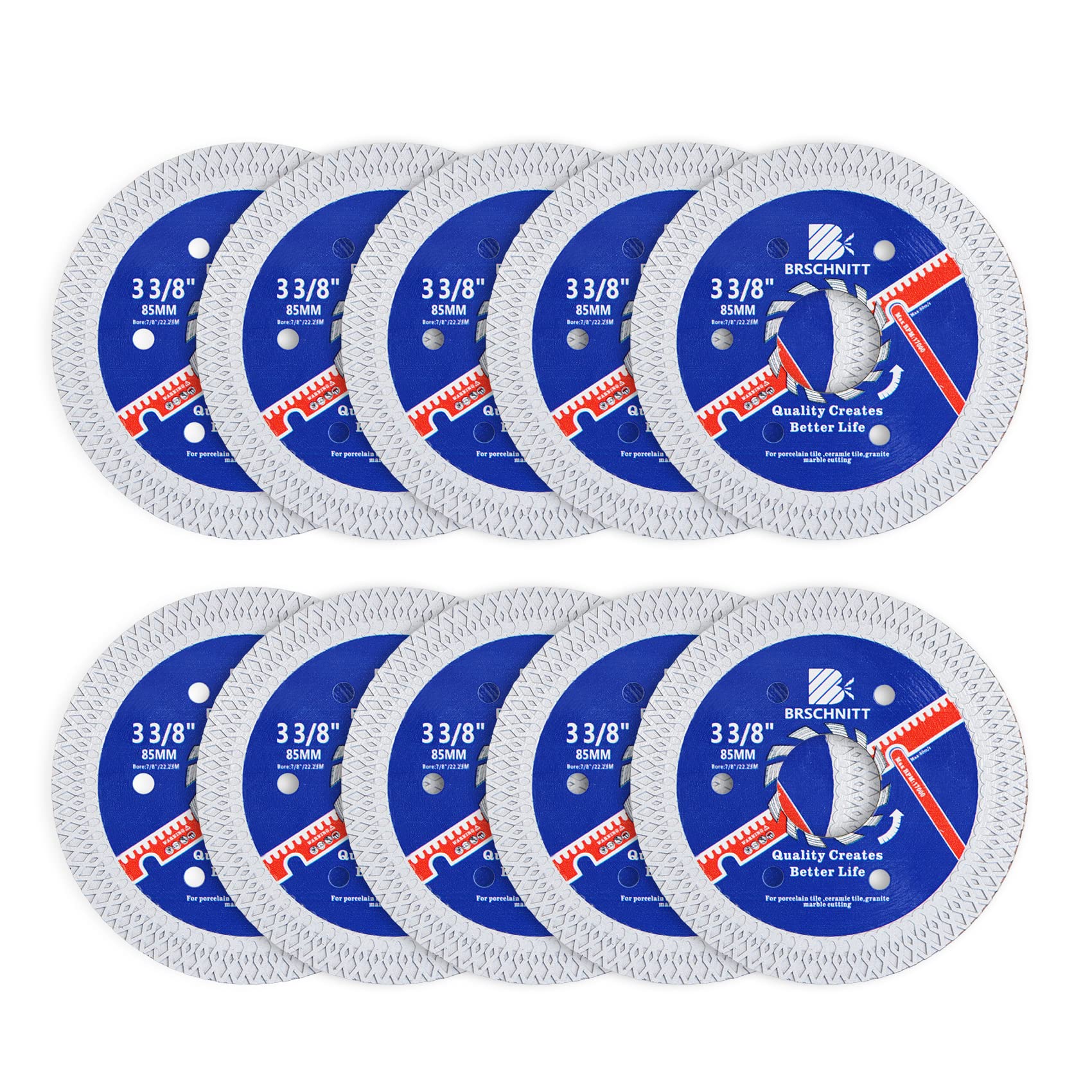 BRSCHNITT 10-Pack 85mm Super Thin Diamond Porcelain Saw Blades - 22.23mm/20mm/16mm Arbor - Angle Grinder Cutting Disc for Dry/Wet Cutting Tile, Ceramic, Marble & Granite | Perfect for Home Renovation & Professional Tile Installation