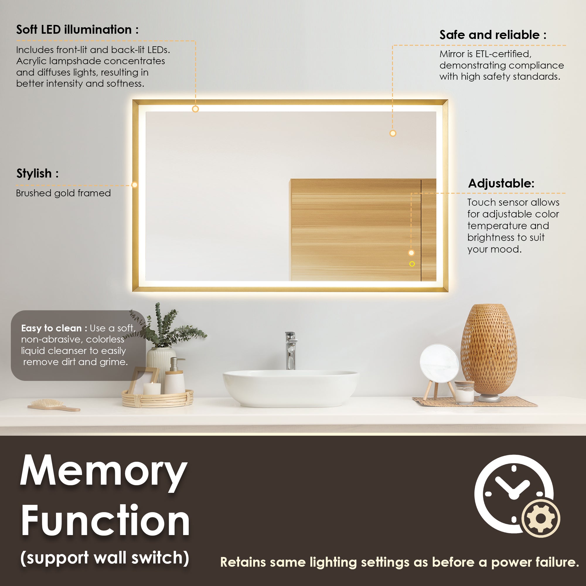 Apollo Rectangular Anti-Fog Dimmable LED Bathroom Mirror - Modern Vanity Wall Mirror with Aluminum Frame - Perfect for Makeup, Shaving & Home Decor