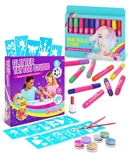 GirlZone Hair Chalk & Glitter Tattoo Kit - 12 Color Temporary Hair Dye & 6 Glitter Tattoo Stencils for Kids, Teens - Perfect for Birthday Parties, Sleepovers & Festivals