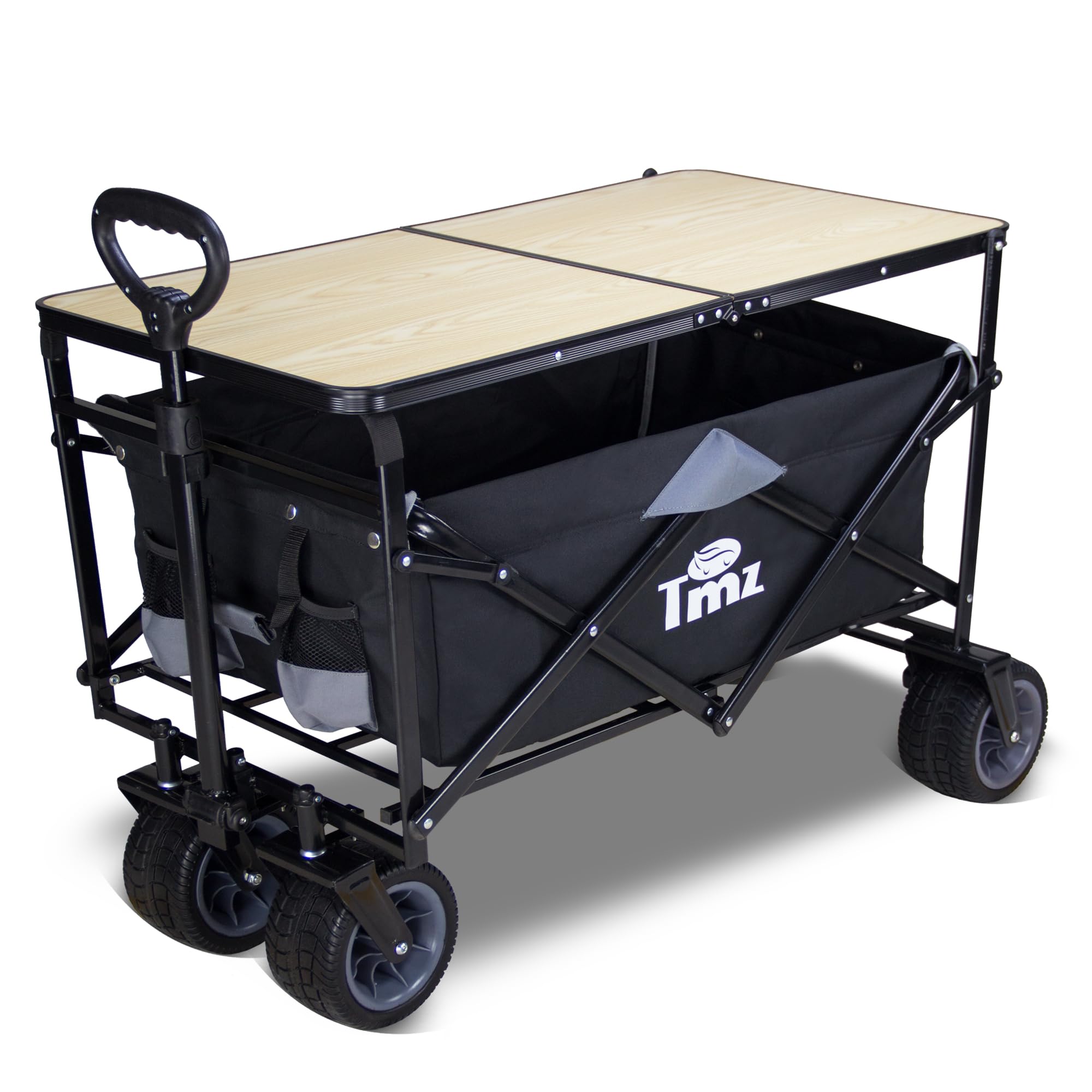 TMZ Heavy Duty All Terrain Folding Wagon Cart with Removable Table - Collapsible Utility Wagon for Camping, Beach, Garden, Shopping & Outdoor Activities | Portable for Picnics, Tailgating & Farmers Markets (Black/Grey)