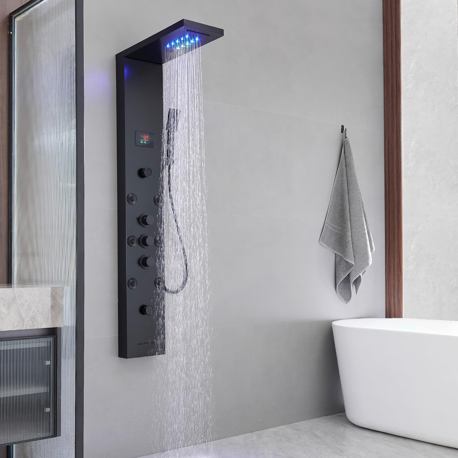 Black LED Shower Panel with Temperature Display - 304 Stainless Steel Shower Tower System, Rainfall Shower Head & Handheld Massage Jets for Modern Bathroom | Perfect for Spa-Like Experience, Wall Mount Waterfall Design for Bathtub or Standing Shower