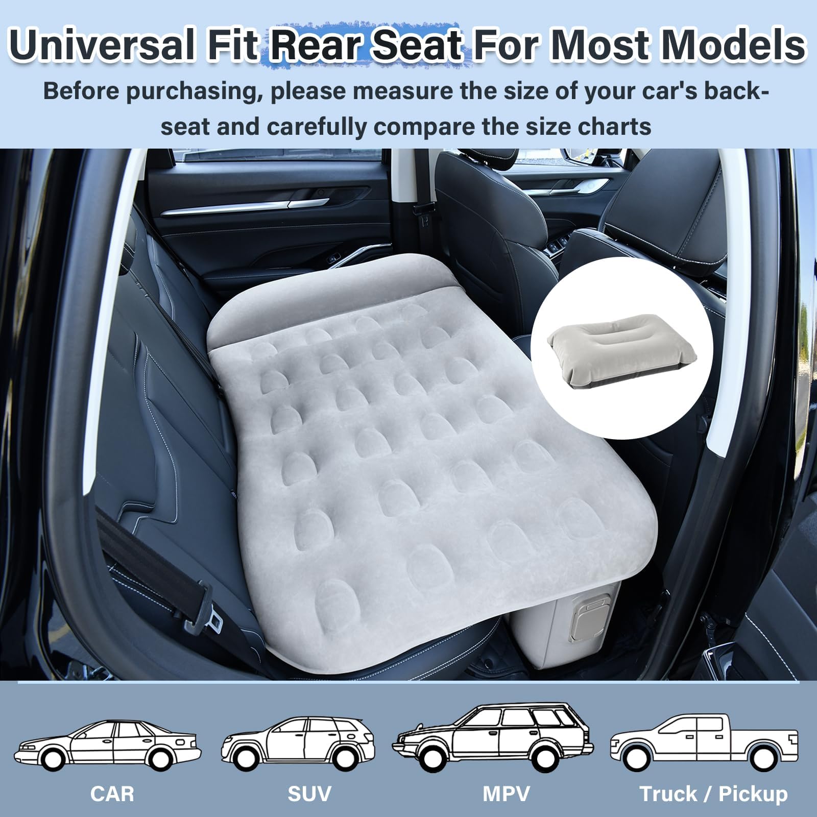 Coverado Portable Car Air Mattress for Back Seat - Inflatable Bed with Built-in Air Pump, Pillow, Storage Bag & Patch Kit - Universal Fit for Most Cars & SUVs (51