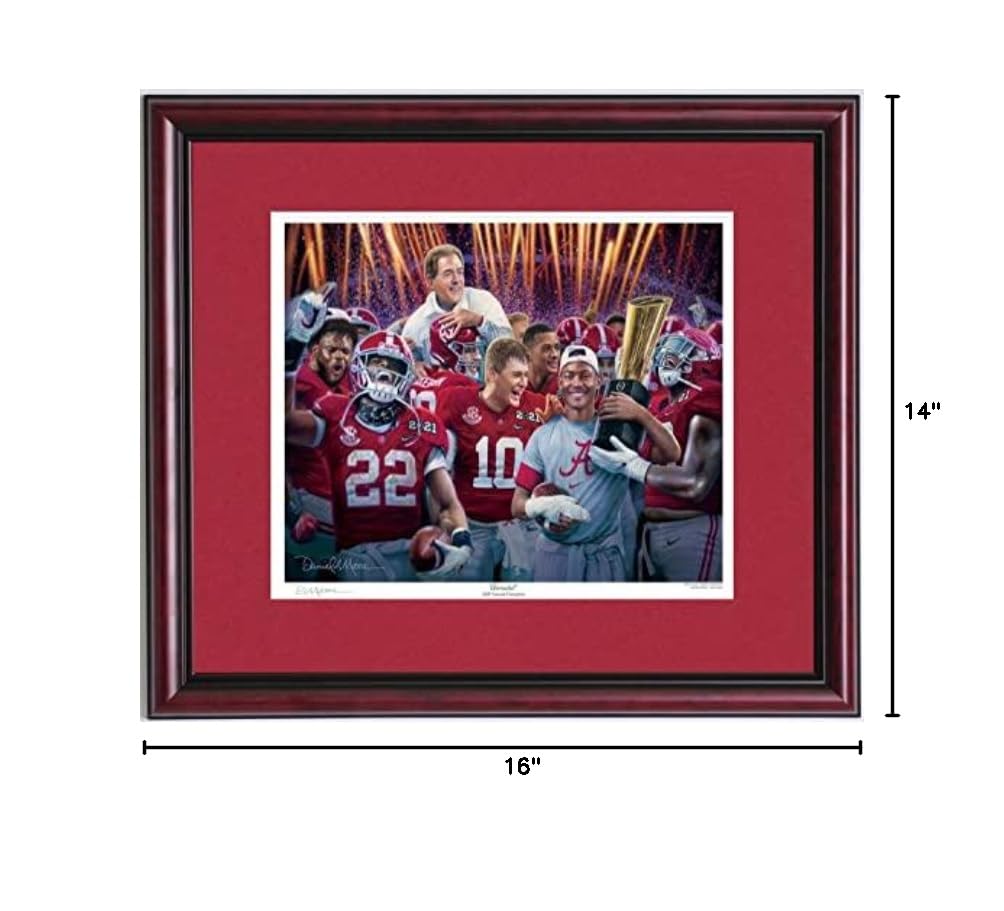 Daniel Moore Alabama Football 2020 Perfect Season National Championship Framed Art Print - Officially Licensed College Football Wall Decor for Game Room, Man Cave & Sports Bar