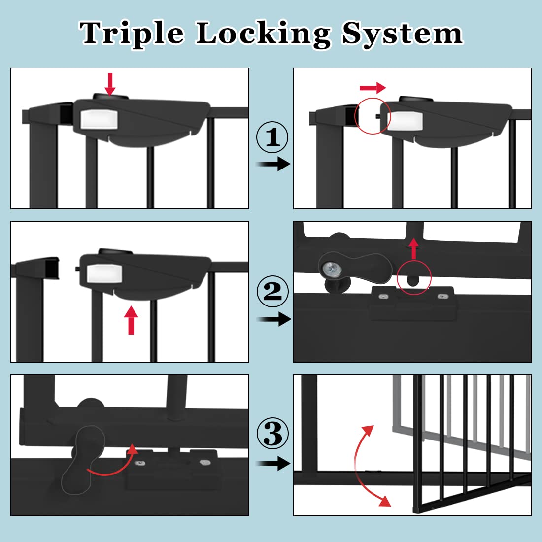 WAOWAO Triple Lock Baby Gate - Extra Wide 39.76-43.7 Inch Pressure Mounted Walk Through with Auto Close - Safety Metal Gate for Stairs, Doorways, Kitchen - Ideal for Babies, Pets, Dogs, Puppies and Cats - Perfect for Childproofing Homes and Pet Safety