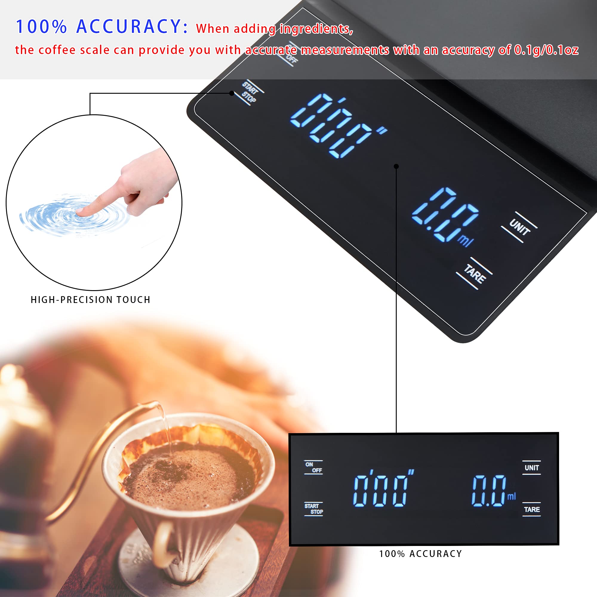 Bemece Digital Coffee Scale with Timer - 3kg/0.1g High Precision Kitchen Scale for Espresso, Pour Over & Drip Coffee - Backlit LCD Display, Includes Batteries - Perfect for Home Baristas & Coffee Shops