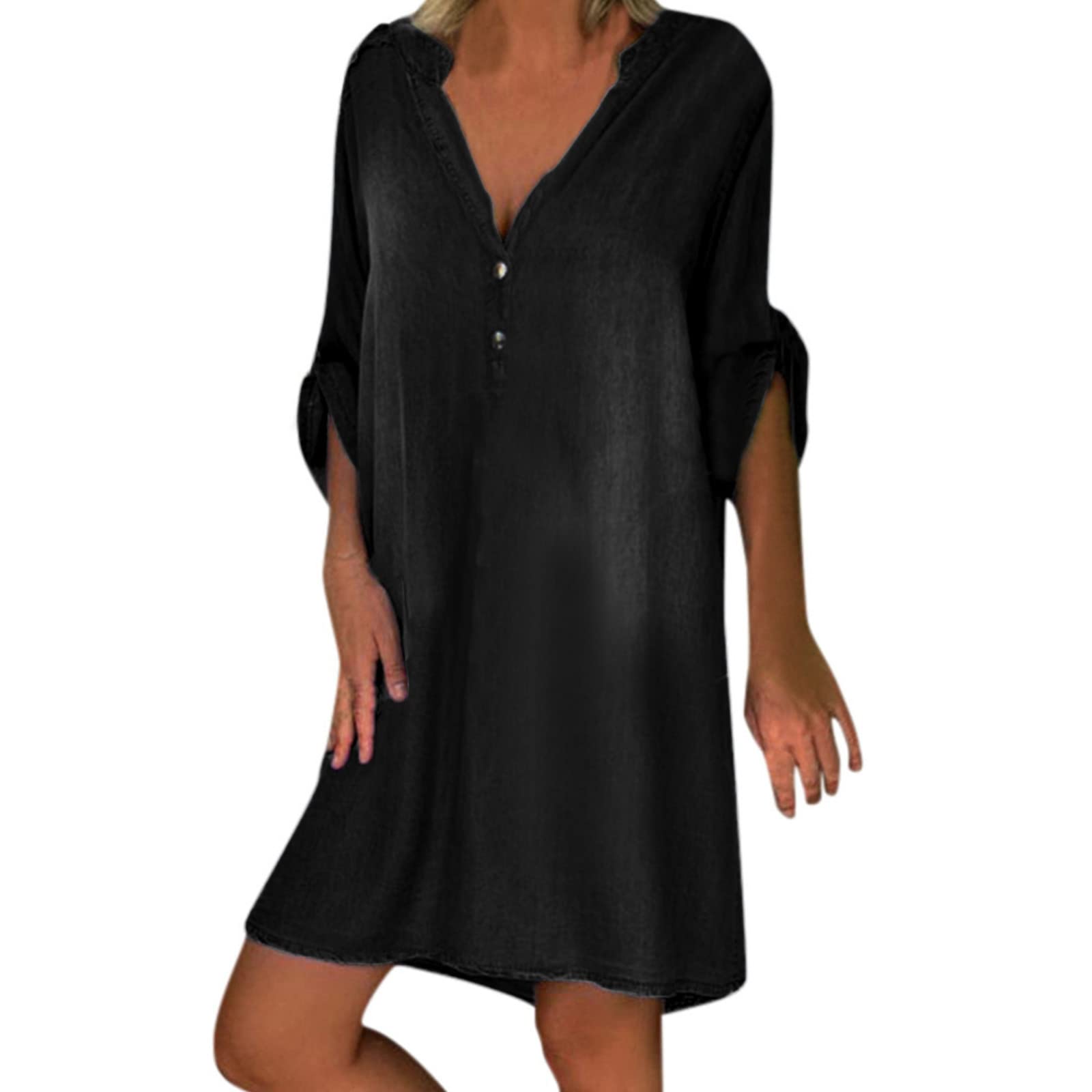 Women's Summer Denim Shirt Dress - Short Sleeve Loose Fit Midi Jean Dress with Button Down | Casual Shift Dress & Tunic Top for Beach, Travel & Everyday Wear