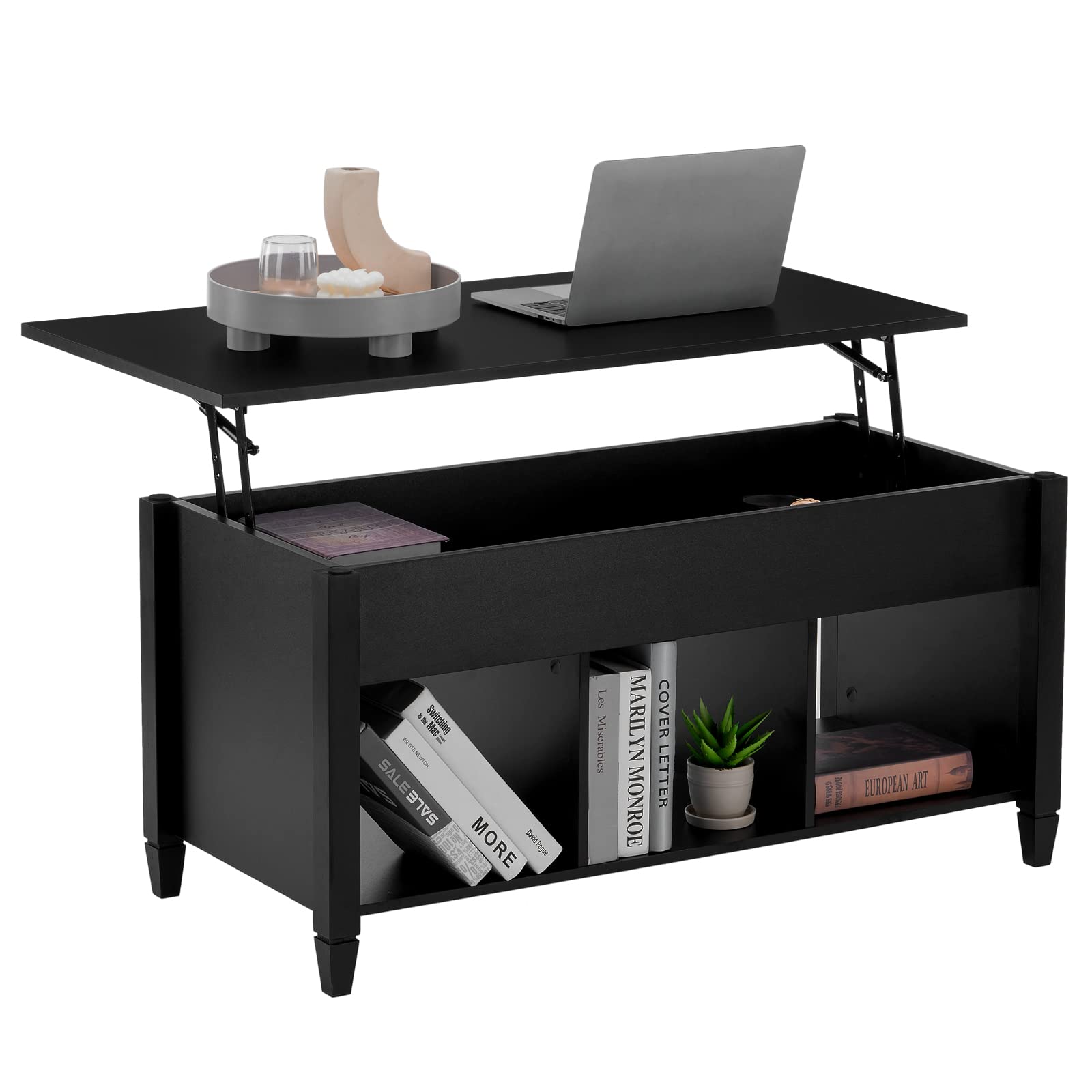 VINGLI Lift Top Coffee Table with Storage Shelf & Hidden Compartment - Modern Wooden Gas Lift Flip Top Coffee Table for Living Room, Bedroom, Office - Space Saving Black Coffee Table with Pull Up Design