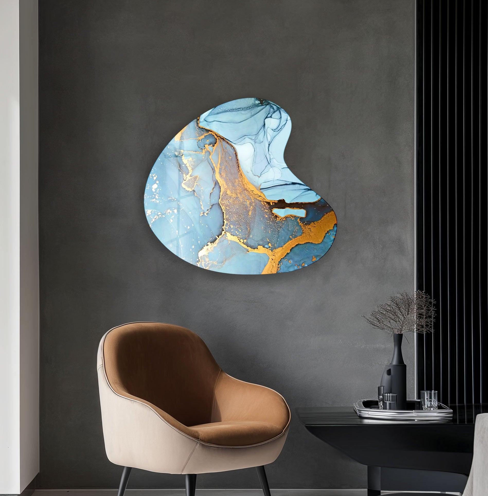Blue Alcohol Ink Abstract Glass Wall Art - Handmade Irregular Modern Decor for Living Room, Bedroom & Office