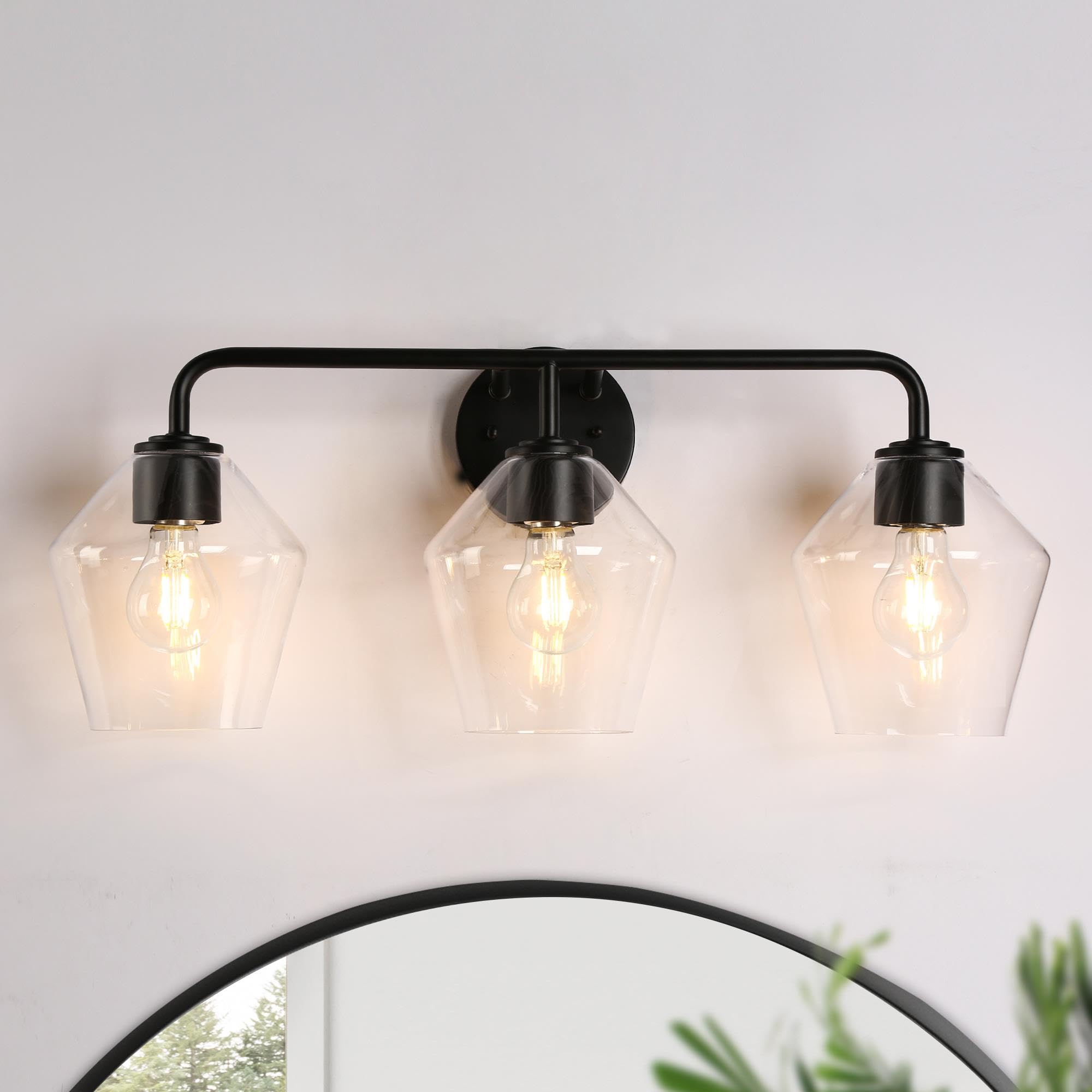 Modern Black Bathroom Vanity Light Fixture - 3-Light Farmhouse Wall Sconce with Clear Glass Shades for Bathroom, Powder Room & Spa Lighting Upgrade