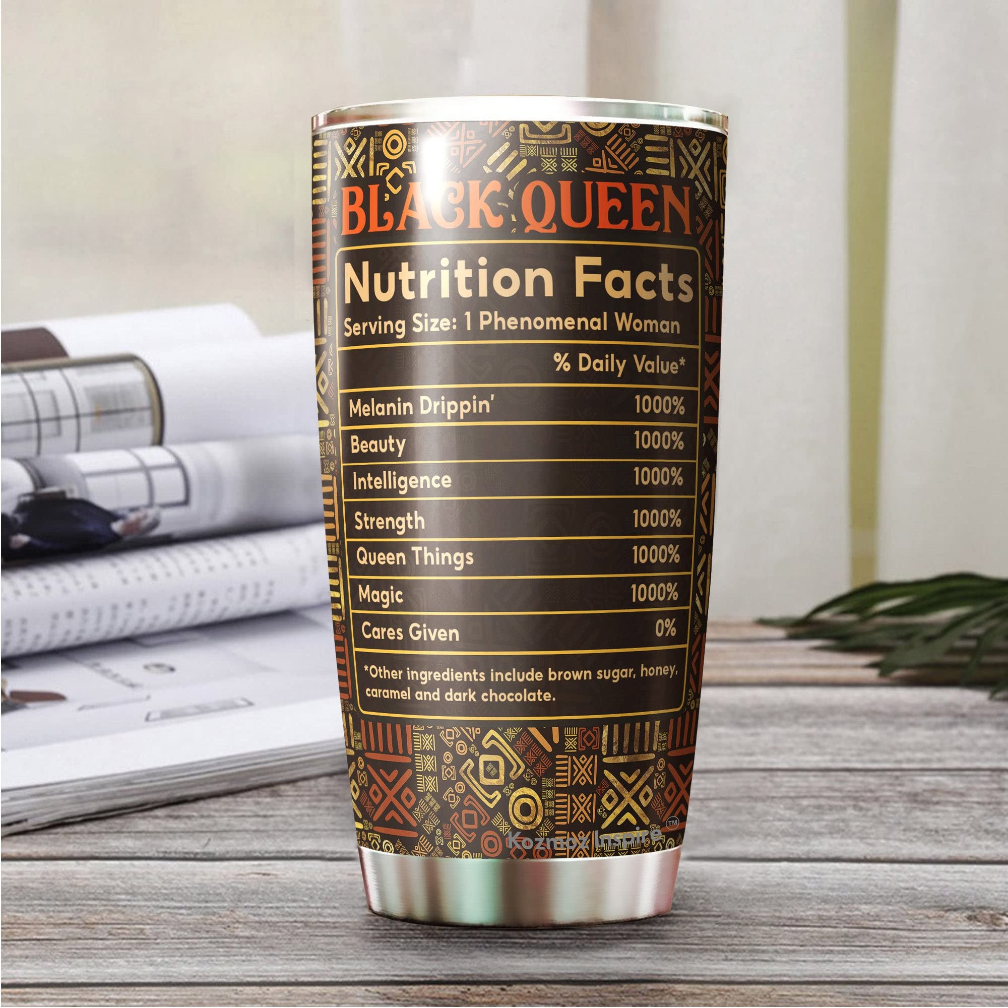 Kozmoz Inspire Black Queen Nutrition Facts Tumbler 20oz - African American Women Empowerment Gift - Birthday Present for Her - Motivational Water Bottle for Workouts, Office & Daily Hydration