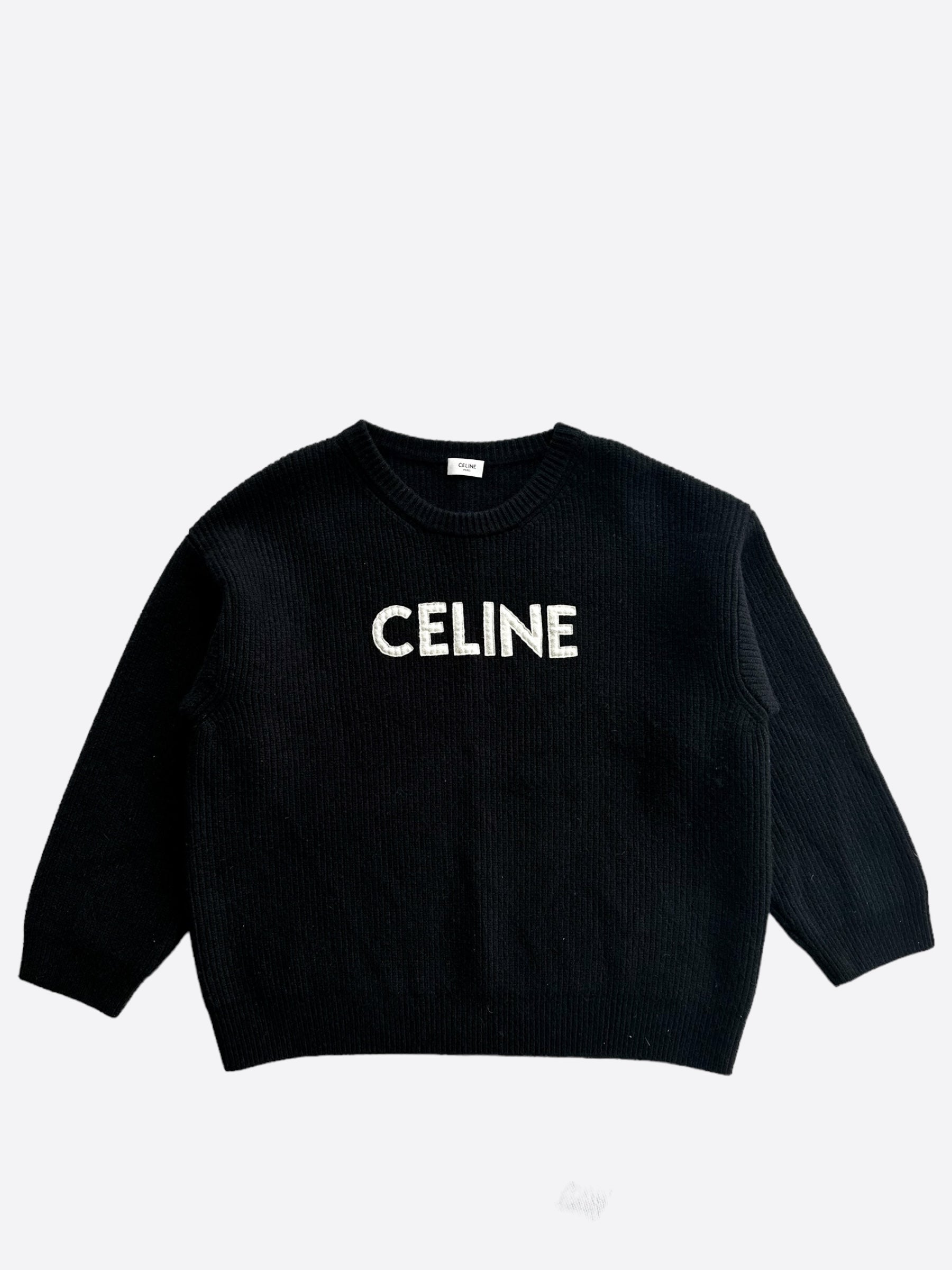 Celine Black & White Logo Ribbed Wool Sweater for Women - Classic Knit Pullover for Fall & Winter - Perfect for Office, Date Night & Casual Outfits