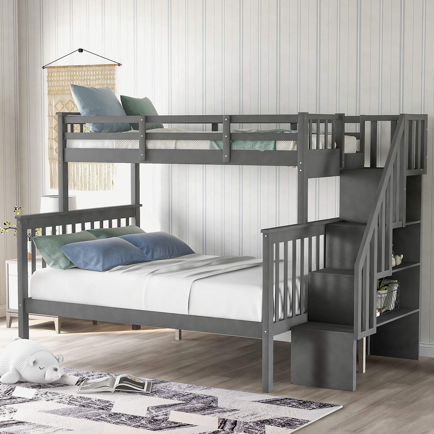 MERITLINE Twin Over Full Bunk Bed Frame for Kids - Mission Style Wooden Bunk Bed with Stairs & Storage | Space-Saving Kids Bedroom Furniture for Siblings or Sleepovers