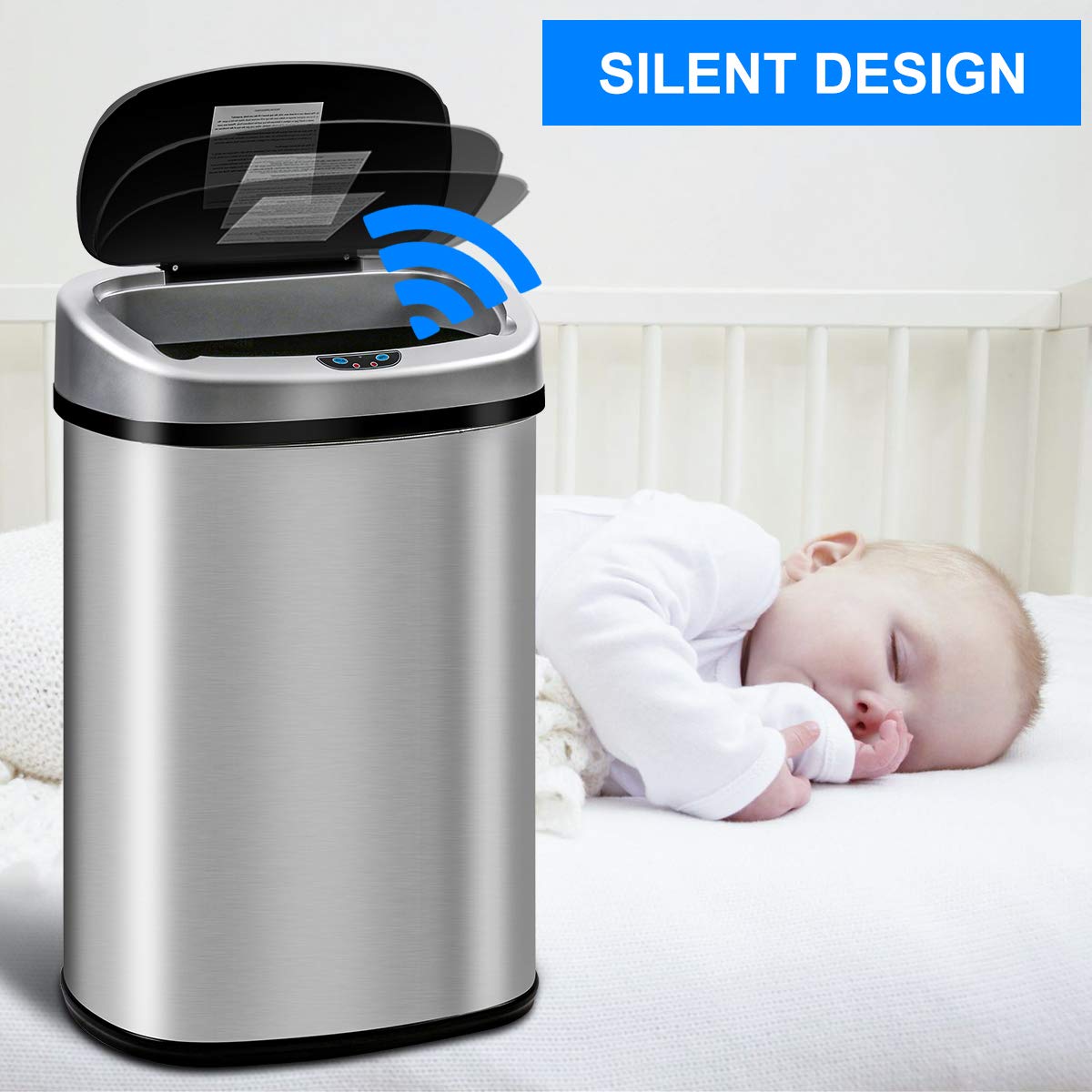 Stainless Steel Automatic Touchless Trash Can 13 Gallon/50L with Lid - High Capacity Kitchen Garbage Bin for Home, Office, Bathroom & Restroom - Brushed Silver Large Dustbin | Hands-Free Waste Disposal for Hygienic Living Spaces