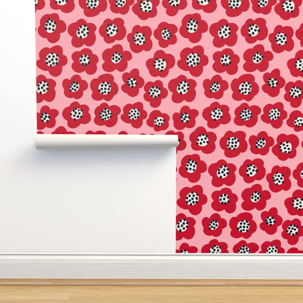 Commercial Grade Wallpaper 27ft x 2ft - Red Floral Modern Pink Traditional Wallpaper for Living Room, Bedroom, Dining Room Decoration | Peel and Stick Wallpaper by Spoonflower