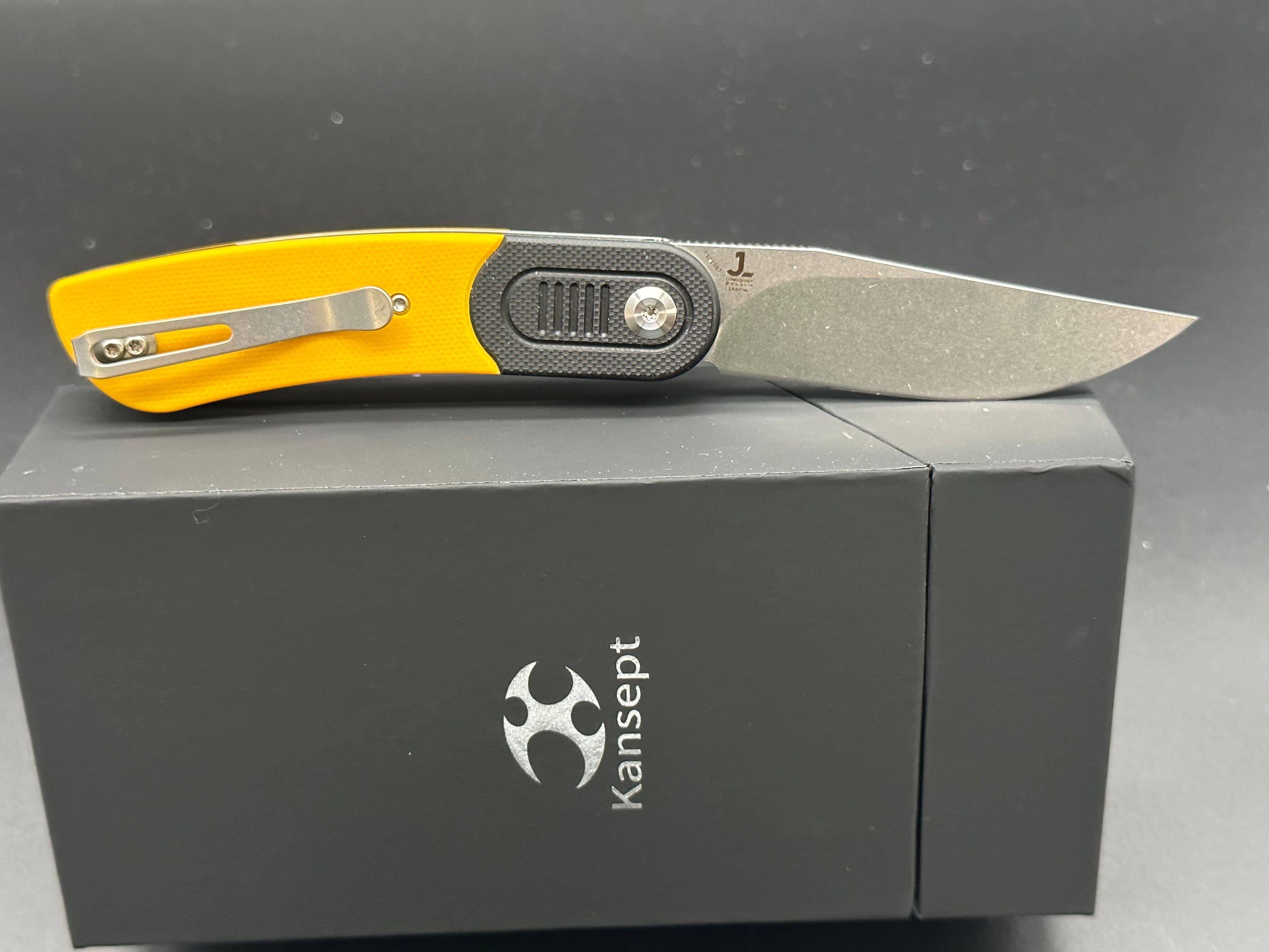 KANSEPT REVERIE Front Flipper Knife - Black & Yellow G10 Handle - EDC Pocket Knife for Outdoor, Camping, and Everyday Carry