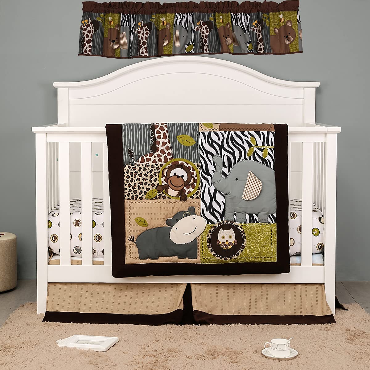 JAHbaby 4-Piece Brown Wild Animal Nursery Crib Bedding Set - Elephant Giraffe Bear Hippo Design for Baby Boys - Includes Quilt, Fitted Sheet, Skirt & Window Valance - Perfect for Jungle-Themed Nursery Decor & Baby Shower Gifts