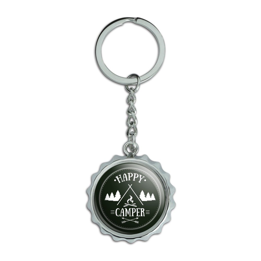 Happy Camper with Campfire Keychain - Chrome Plated Metal Pop Cap Bottle Opener for Camping, Hiking & Outdoor Adventures - Perfect Gift for Beer Lovers & Travel Enthusiasts