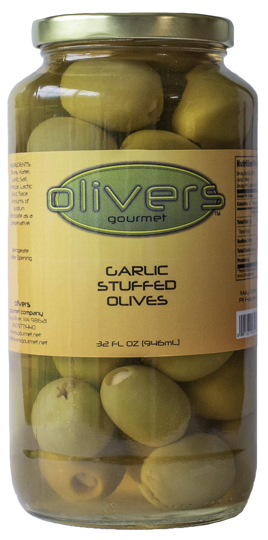 Olivers Gourmet Garlic Stuffed Green Olives - 32 oz Jar (907g) | Premium Mediterranean Snack | Perfect for Charcuterie Boards, Cocktails & Italian Cooking