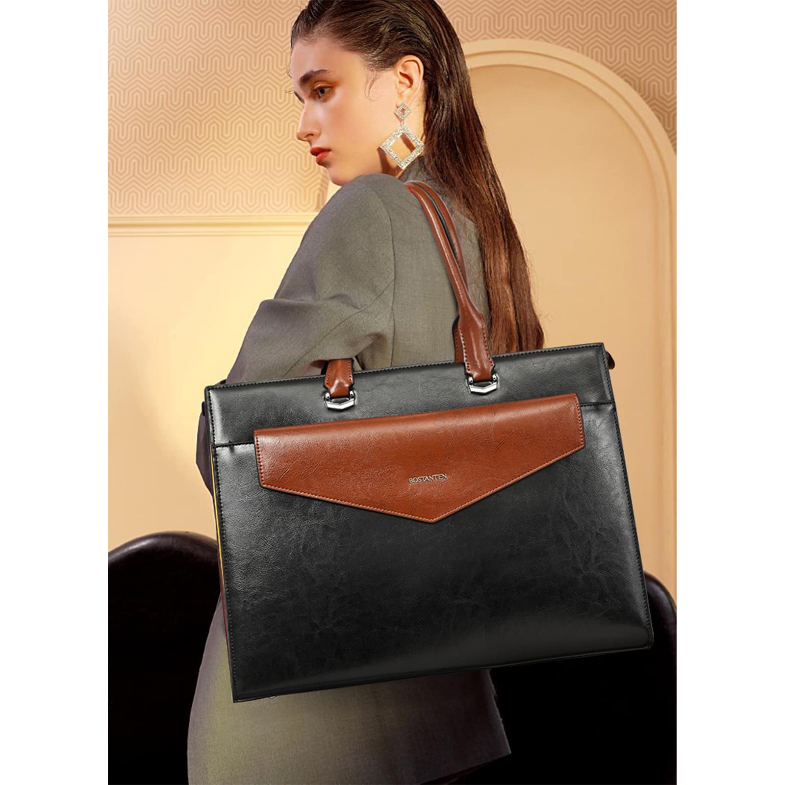 BOSTANTEN Women's Genuine Leather Laptop Briefcase Tote Bag - 15.6 Inch Work Bag for Business Office & Travel (Beige) | Professional Business Handbag for Women | Perfect for Commuting, Meetings & Business Trips