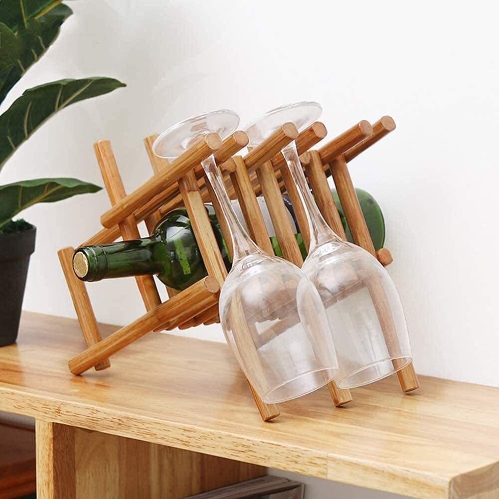 Stylish Rattan Wine Rack for Countertop - Holds 1 Wine Bottle & 3 Glasses - Space-Saving Desktop Wine Storage Solution - Perfect for Kitchen, Bar, or Dining Room Decor