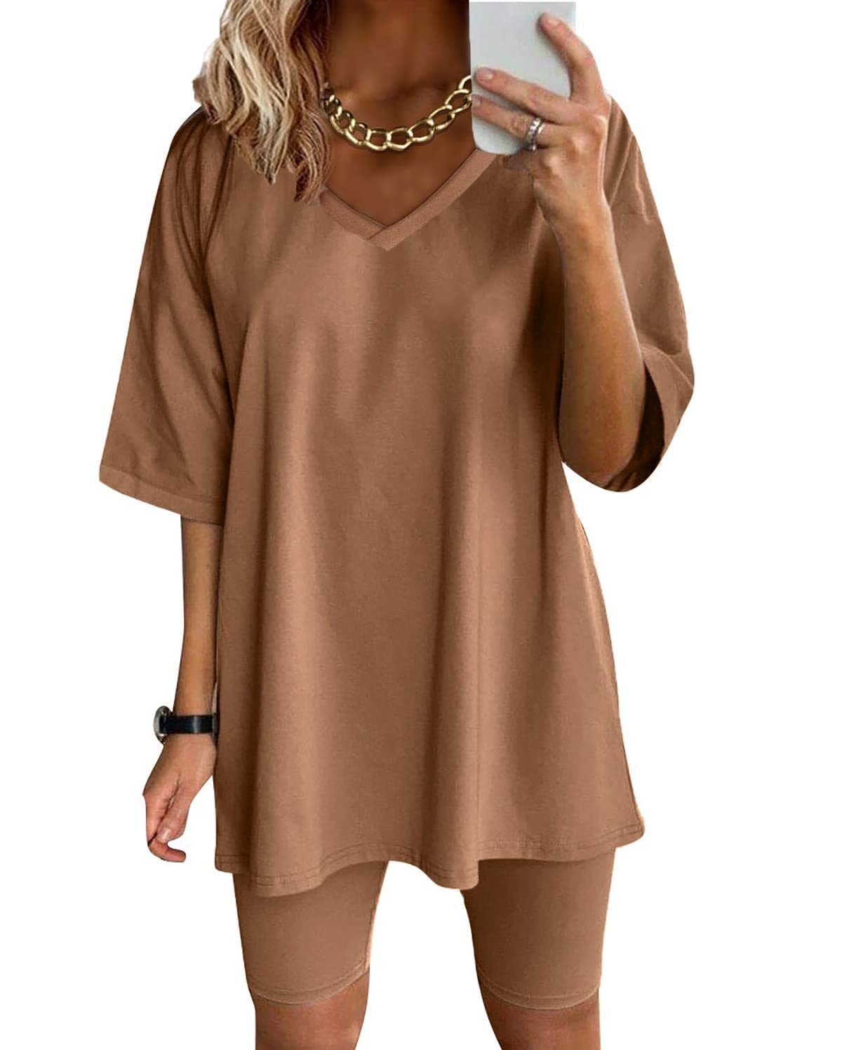 Youdiao Women's Summer Casual Two Piece Outfit - Oversized V-Neck T-Shirt & Biker Shorts Set | Lounge, Gym, Streetwear Fashion