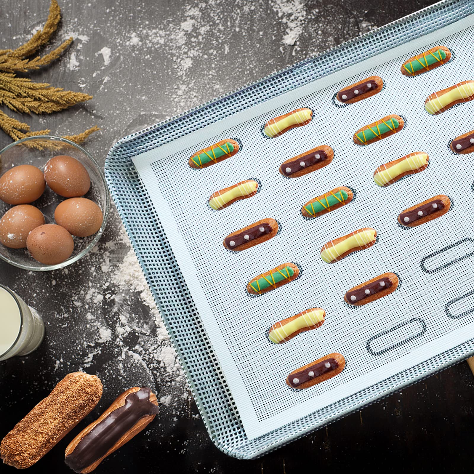 Firsmat 2-Pack Perforated Eclair Mesh Silicone Baking Mats for Bread, Tartlets, Cookies - Non-Stick Oven Sheets (11.8