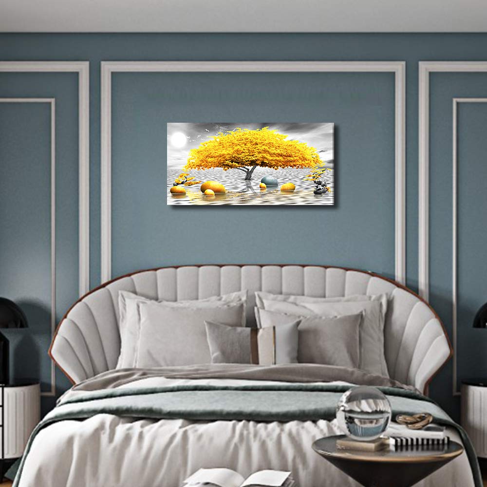 Abstract Black and White Canvas Wall Art - Modern Yellow Tree Painting for Living Room, Bedroom, Bathroom & Office Decor - Large Hanging Wall Decorations for Home & Workspace
