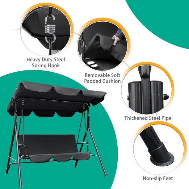 2-Person Outdoor Porch Swing Chair with Canopy - 3-Seat Patio Hanging Glider, Weather-Resistant Powder-Coated Steel Frame & Removable Cushions for Garden, Backyard, Deck - Perfect for Relaxing, Lounging & Enjoying Nature