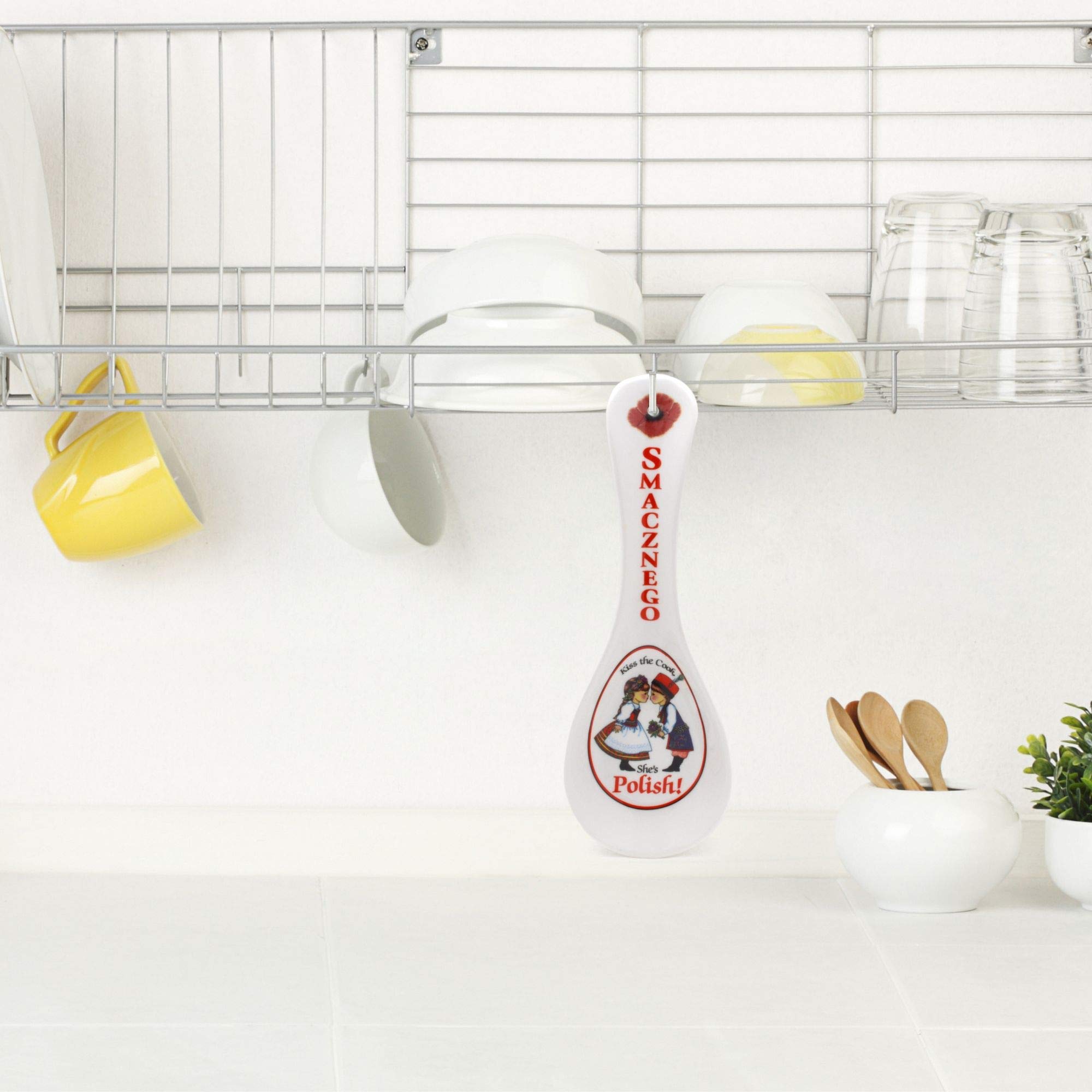 E.H.G - Decorative Ceramic Spoon Rest for Stove Top | Kitchen Essentials & Utensil Holder | Polish 'Smacznego' Design | Perfect for Cooking, Serving & Kitchen Decor | 1 x 3.5 x 10 Inches
