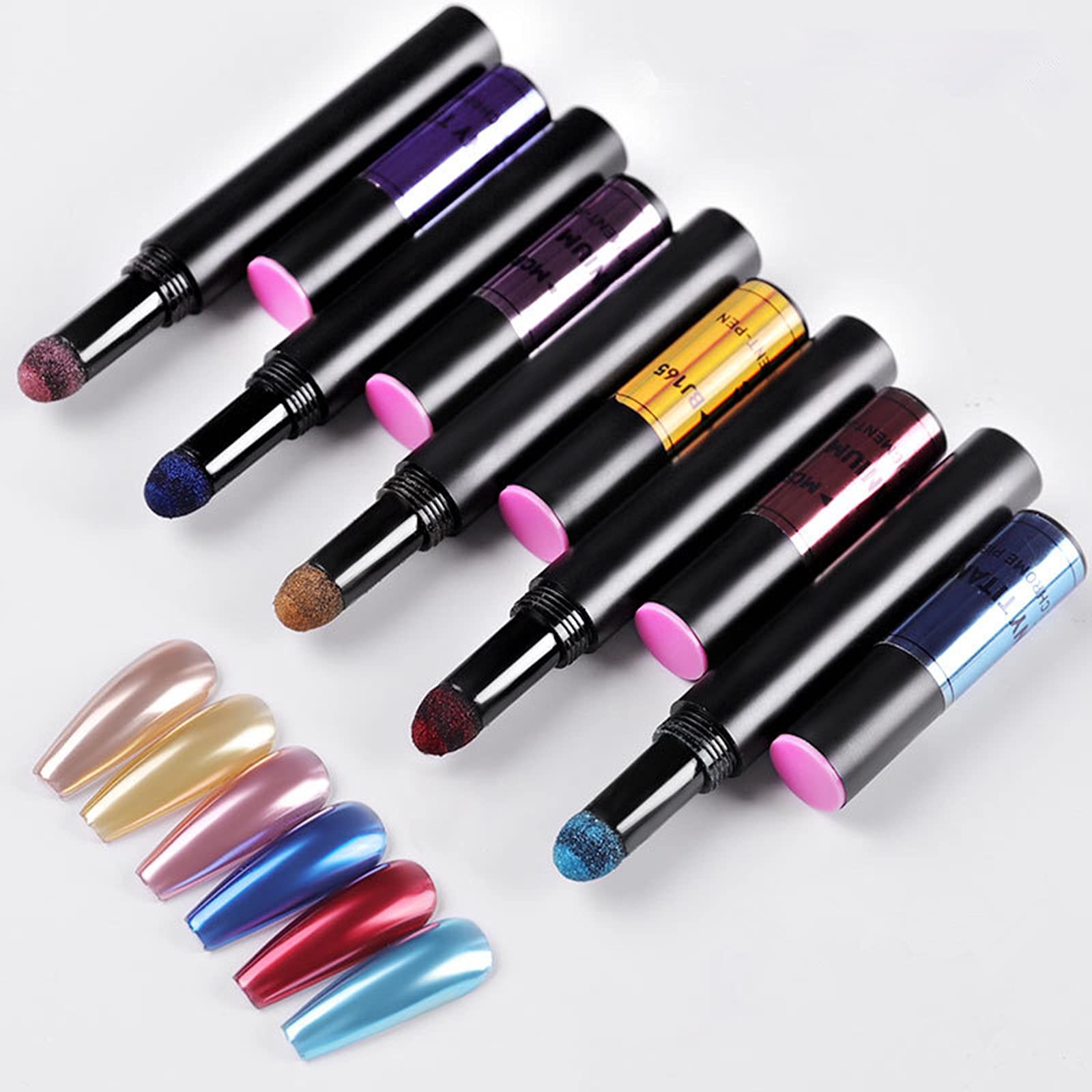 6 Colors Mirror Effect Chrome Nail Powder Pens - Glitter Nail Art Kit for Shiny Manicures | Perfect for Salon, Home DIY & Party Nail Designs