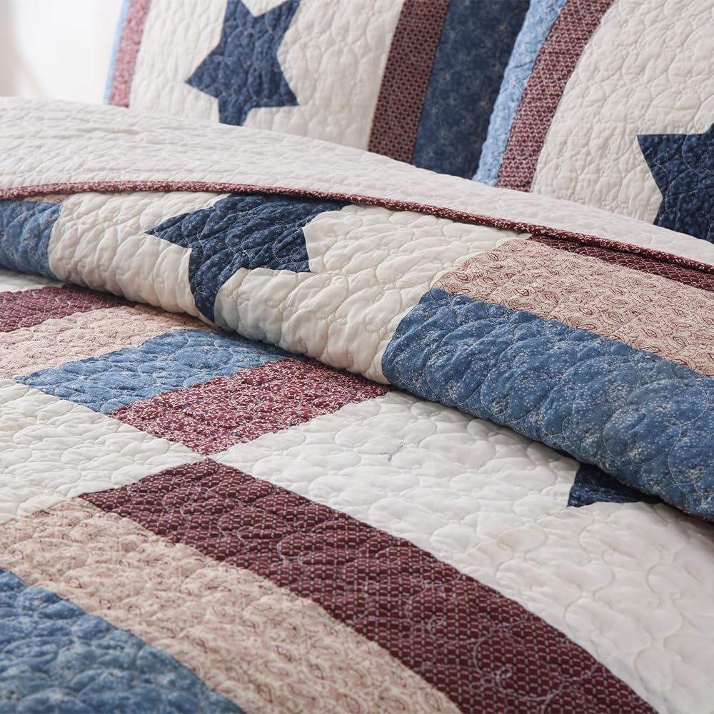 3-Piece Cotton Reversible Quilt Set for All Seasons - Queen Size Star Patchwork Bedspread | Boys' Bedroom Decor & Cozy Home Comfort