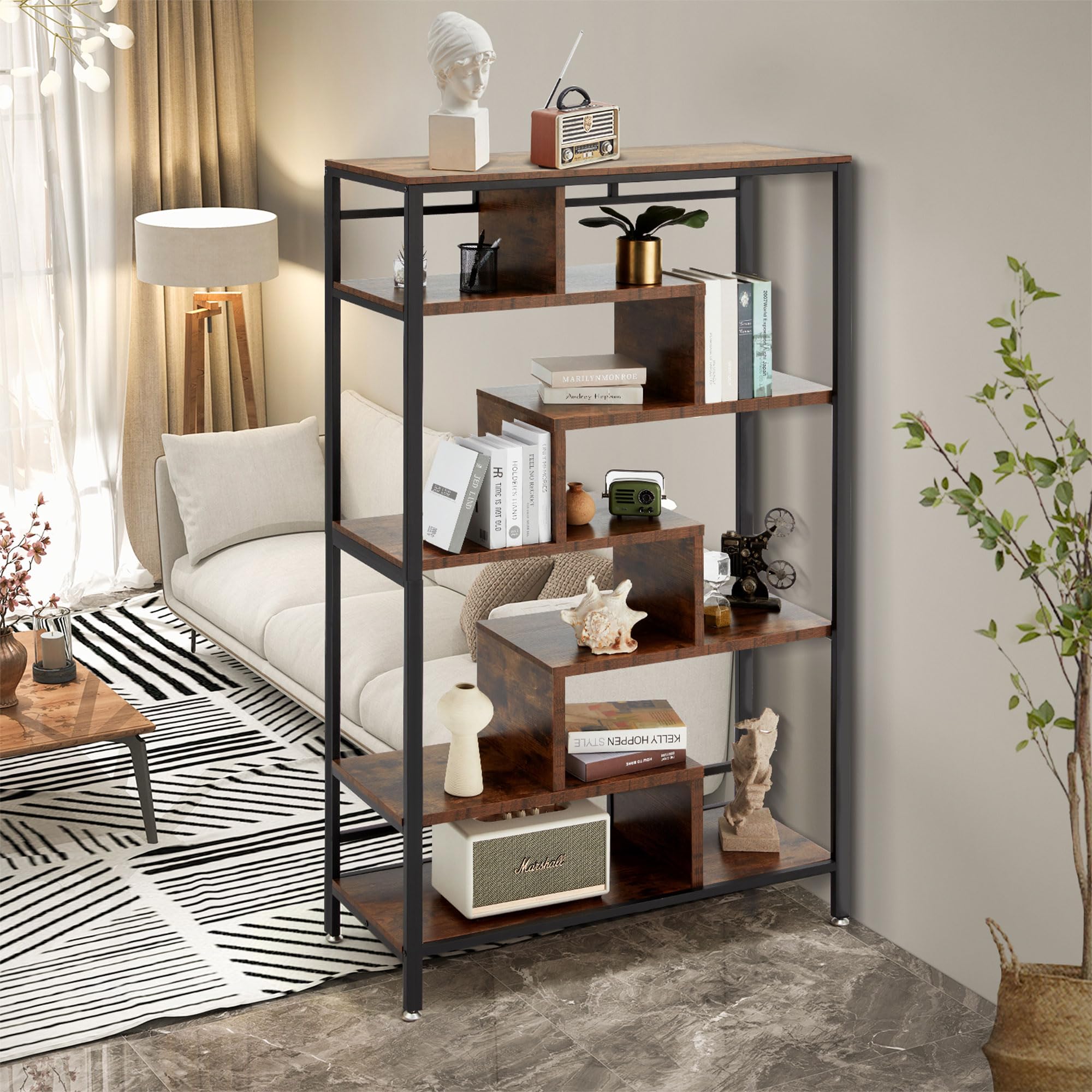 JOMEED 7-Tier Industrial Steel Open Display Asymmetrical Bookshelf - Heavy Duty Bookcase Organizer Rack for Home, Living Room & Office - Black/Brown - Perfect for Storing Books, Decor & Office Supplies