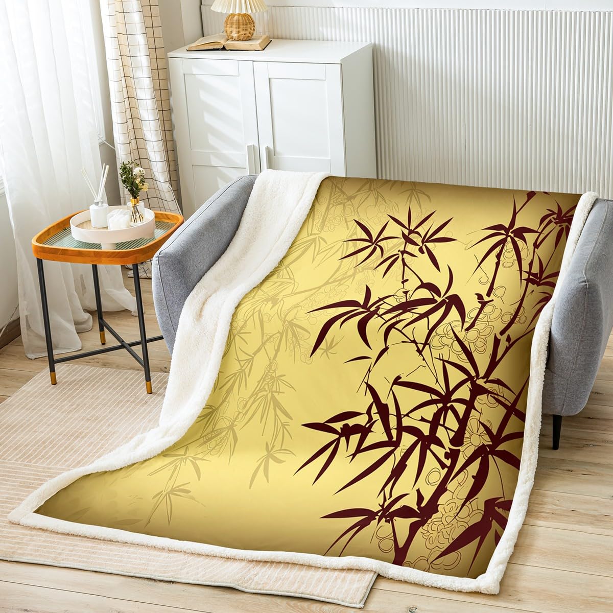 Botanical Print Fleece Throw Blanket - Plum Blossom Sherpa Blanket 30