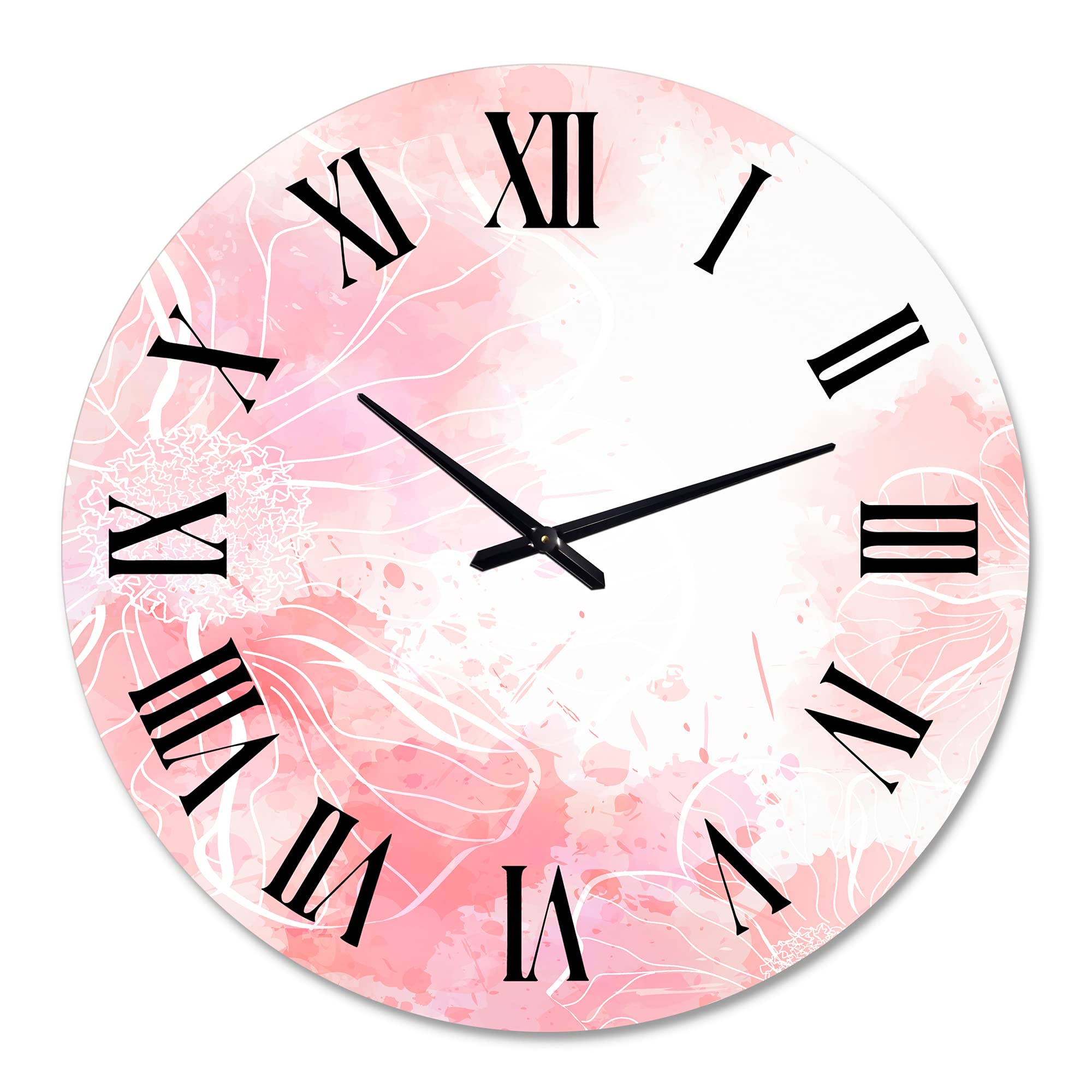DesignQ Modern Abstract Pink Flowers Splashes Wall Clock - Large Fractal Art Decor for Living Room, Bedroom & Office | Silent Non-Ticking Home Decoration